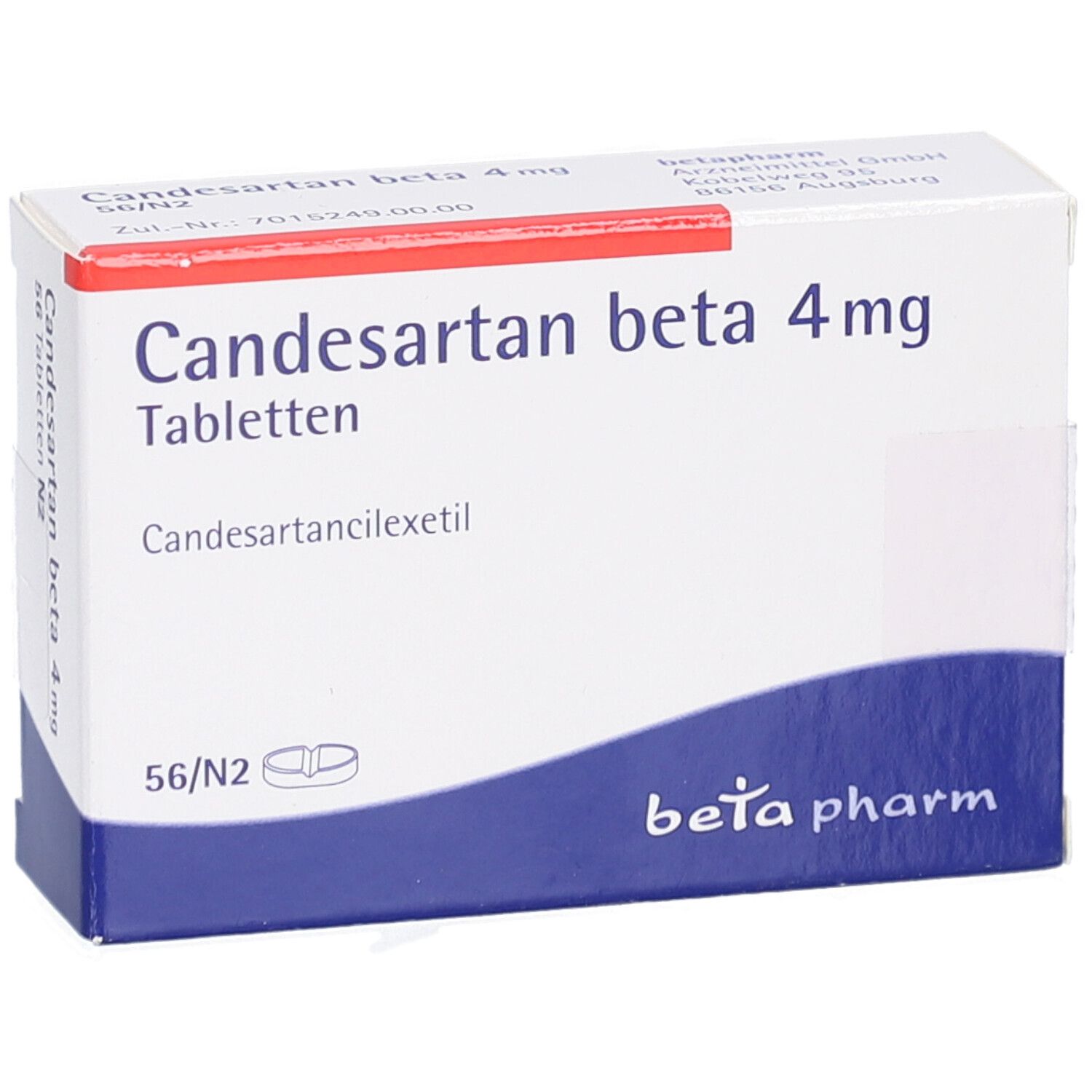 Schachtel CANDESARTAN beta 4 mg Tabletten. Aufschrift: 56/N2 Tabletten. Logo: beta pharm.