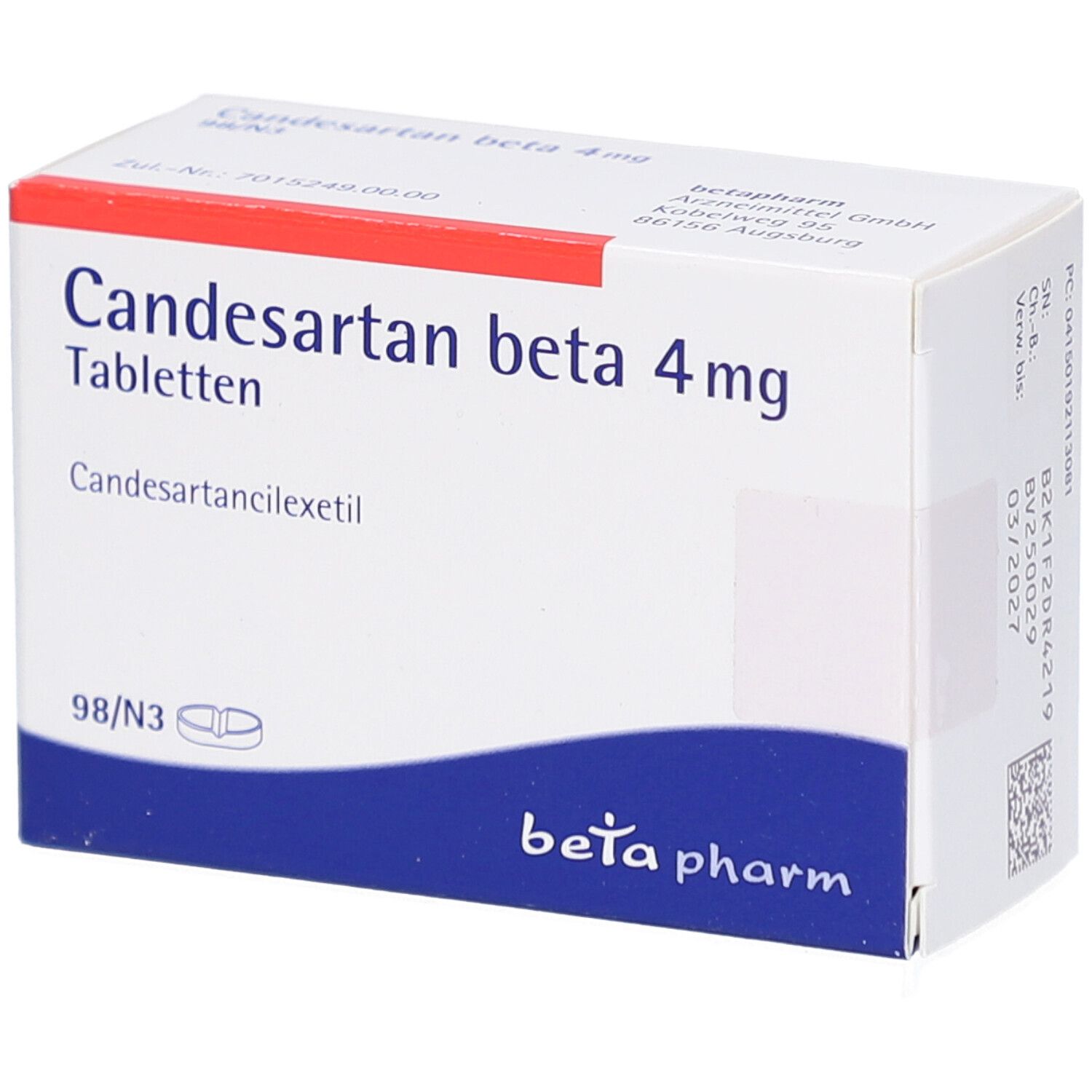 Weiße Schachtel mit rotem Streifen. Aufschrift: Candesartan beta 4 mg Tabletten. 98/N3. Logo: beta pharm.