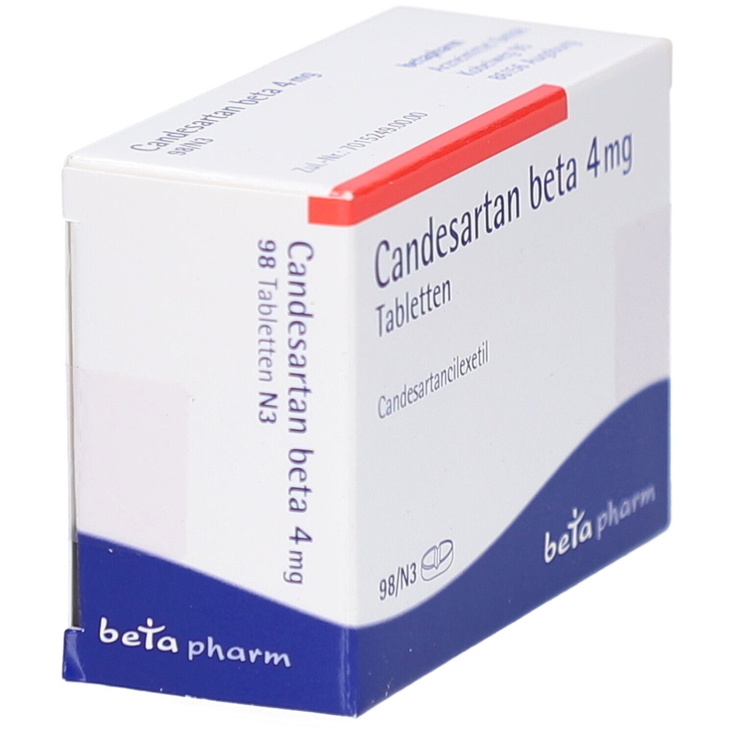 Weiße Schachtel mit rotem Streifen. Aufschrift: Candesartan beta 4 mg Tabletten. 98 Tabletten N3. Logo: beta pharm.
