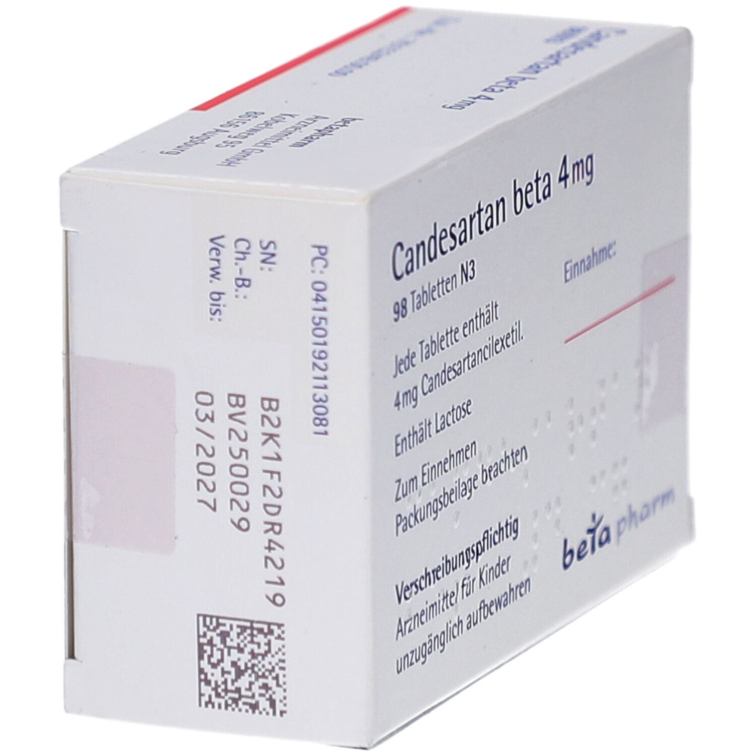 Weiße Schachtel mit Text und Barcode. Aufschrift: Candesartan beta 4 mg. Logo: beta pharm. Text in Deutsch.