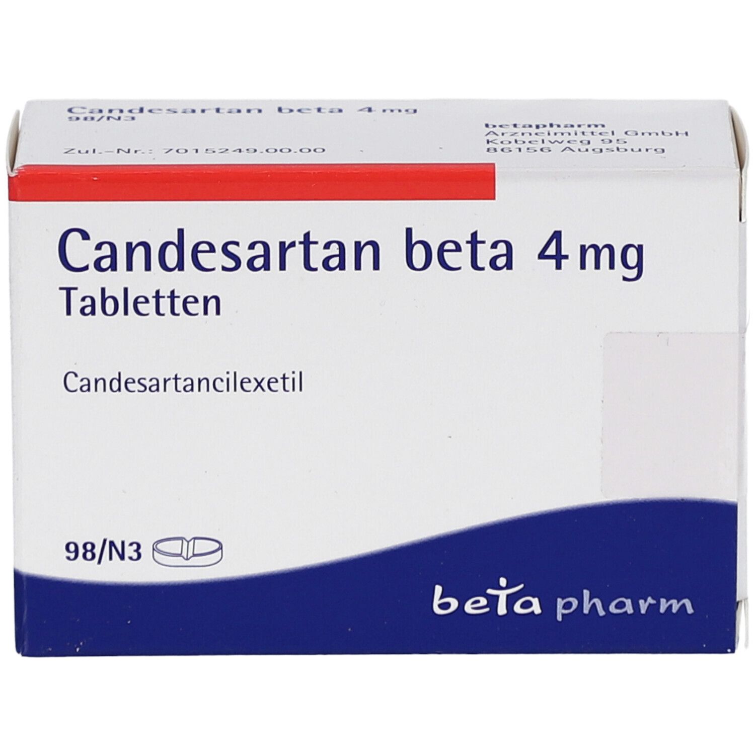 Weiße Schachtel mit blauem Streifen. Aufschrift: Candesartan beta 4 mg Tabletten. 98/N3. Logo: beta pharm.
