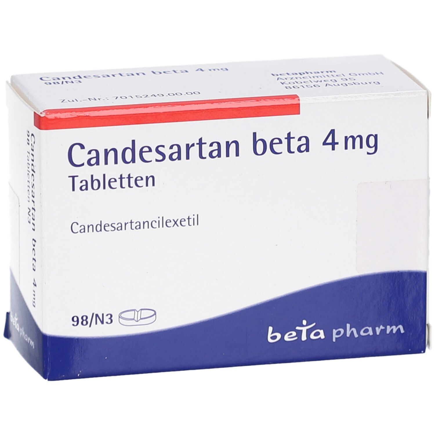 Weiße Schachtel mit blauem Streifen. Aufschrift: Candesartan beta 4 mg Tabletten. 98/N3. Logo: beta pharm.