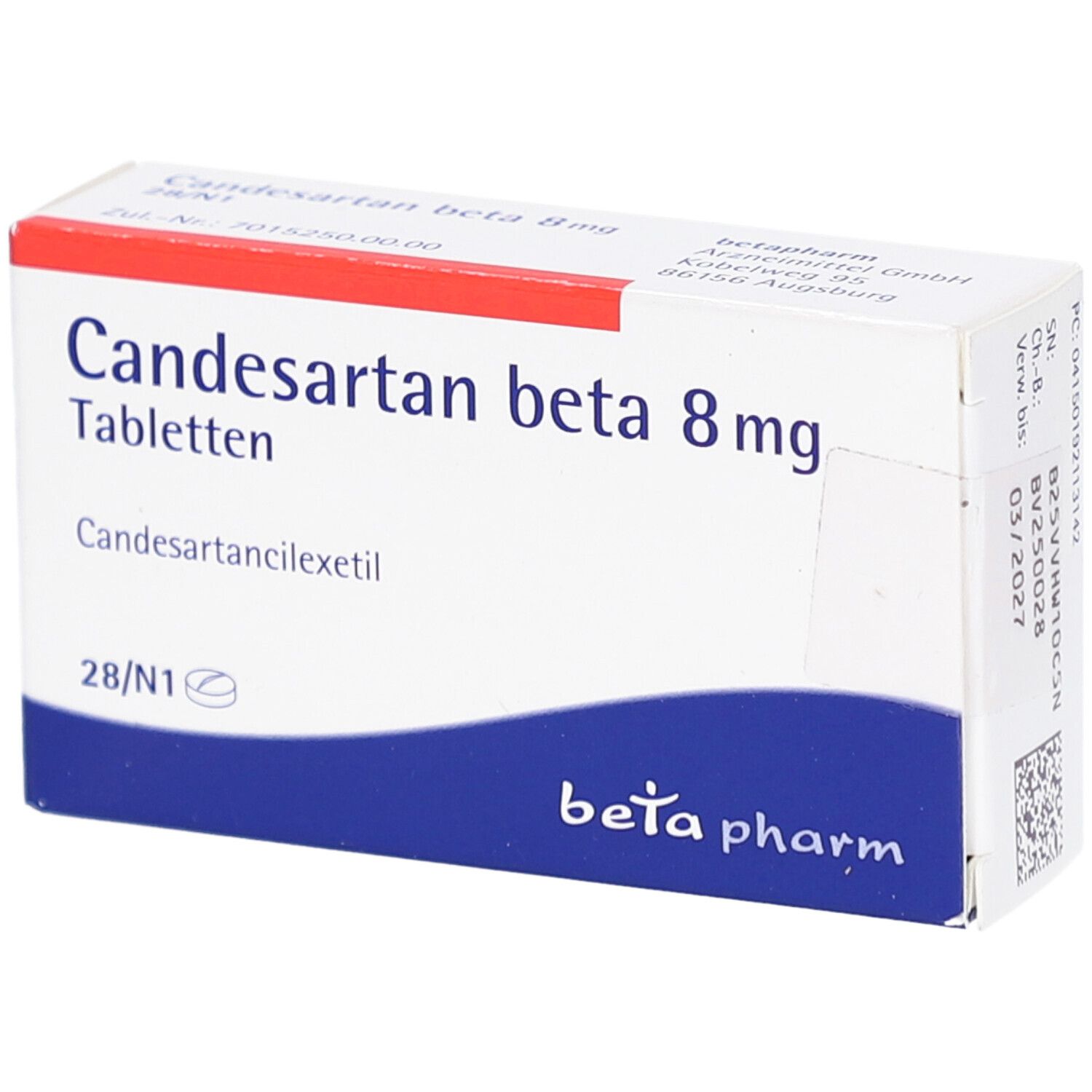 Schachtel mit CANDESARTAN beta 8 mg Tabletten. Weiß, rot und blau. Schriftzug: Candesartan beta 8 mg Tabletten.