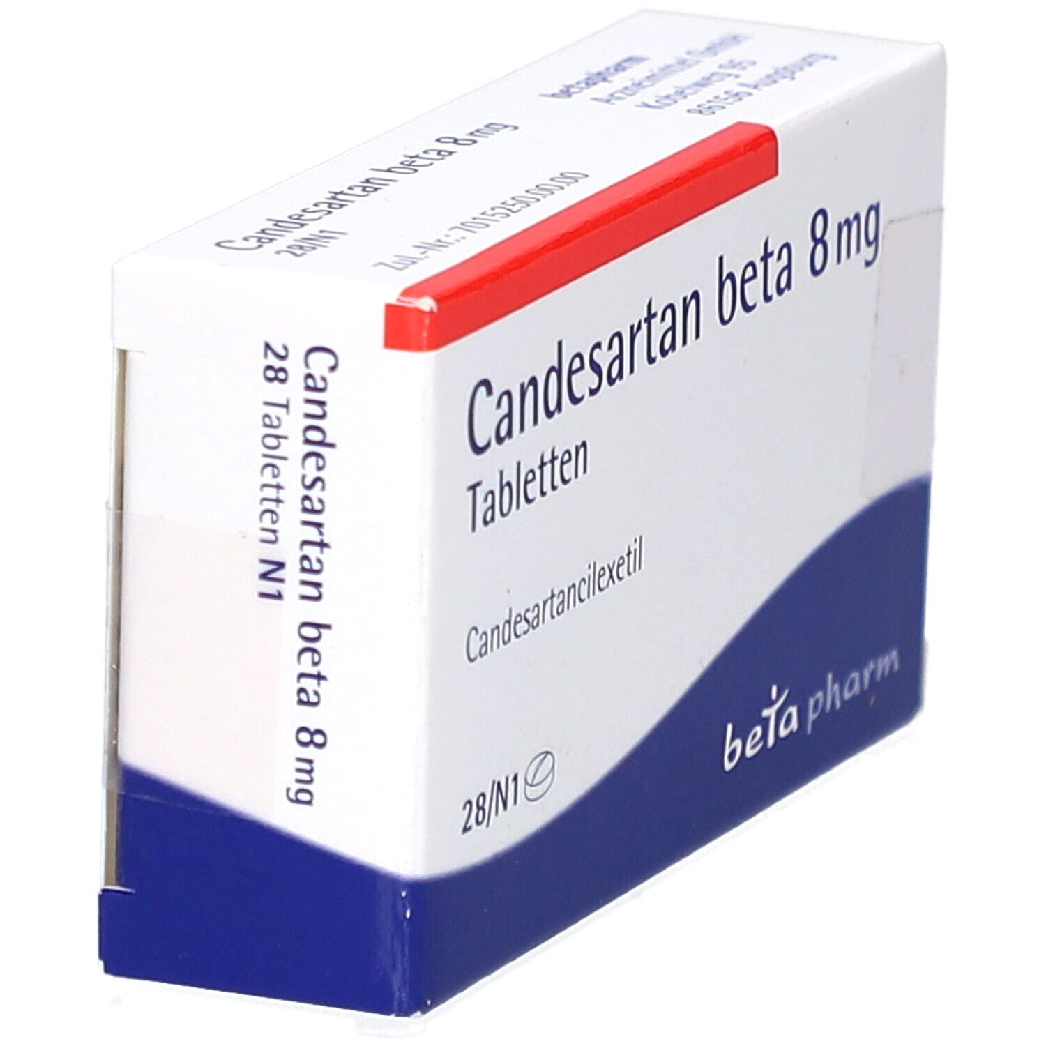 Schachtel mit CANDESARTAN beta 8 mg Tabletten. Weiß, rot und blau. Schriftzug: Candesartan beta 8 mg Tabletten.