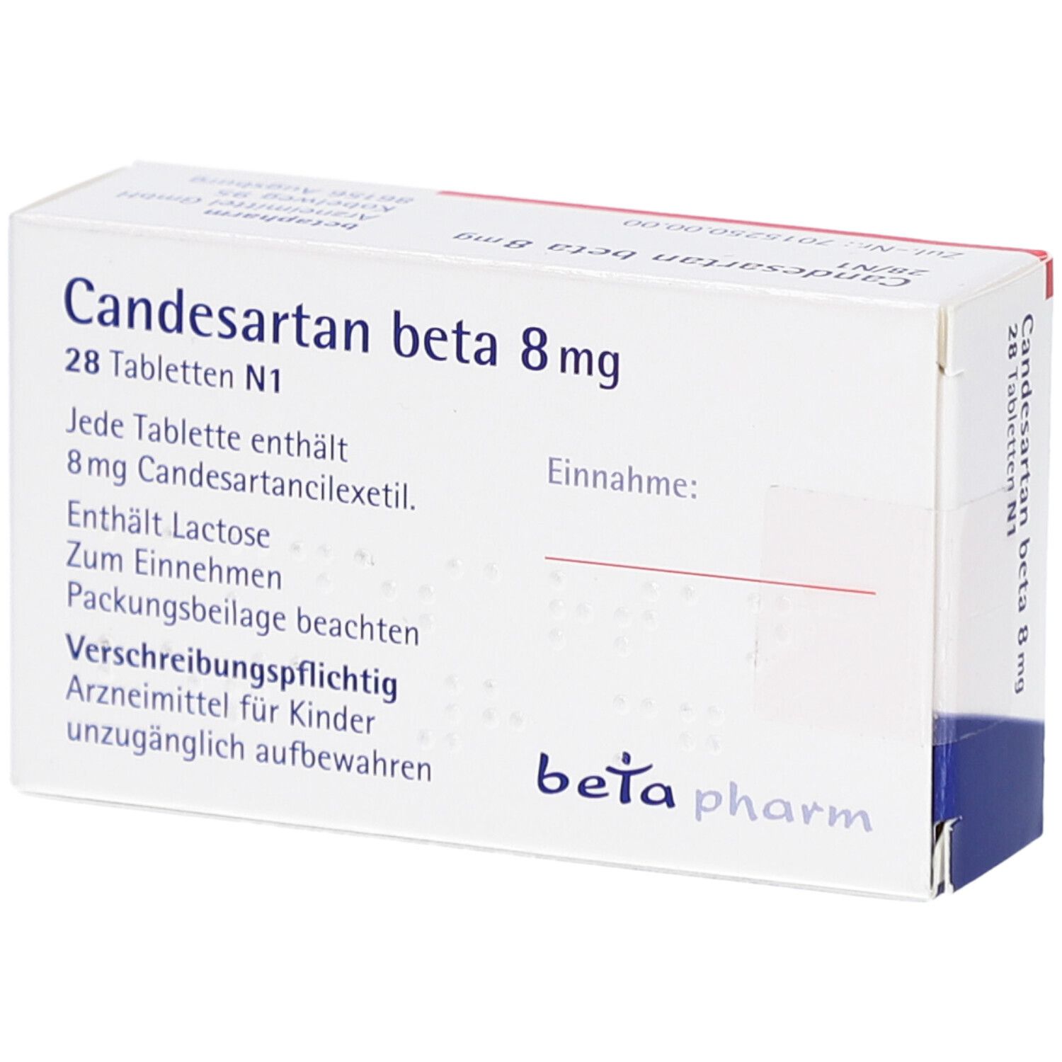 Schachtel mit CANDESARTAN beta 8 mg Tabletten. Weiß, rot und blau. Schriftzug: Candesartan beta 8 mg Tabletten.