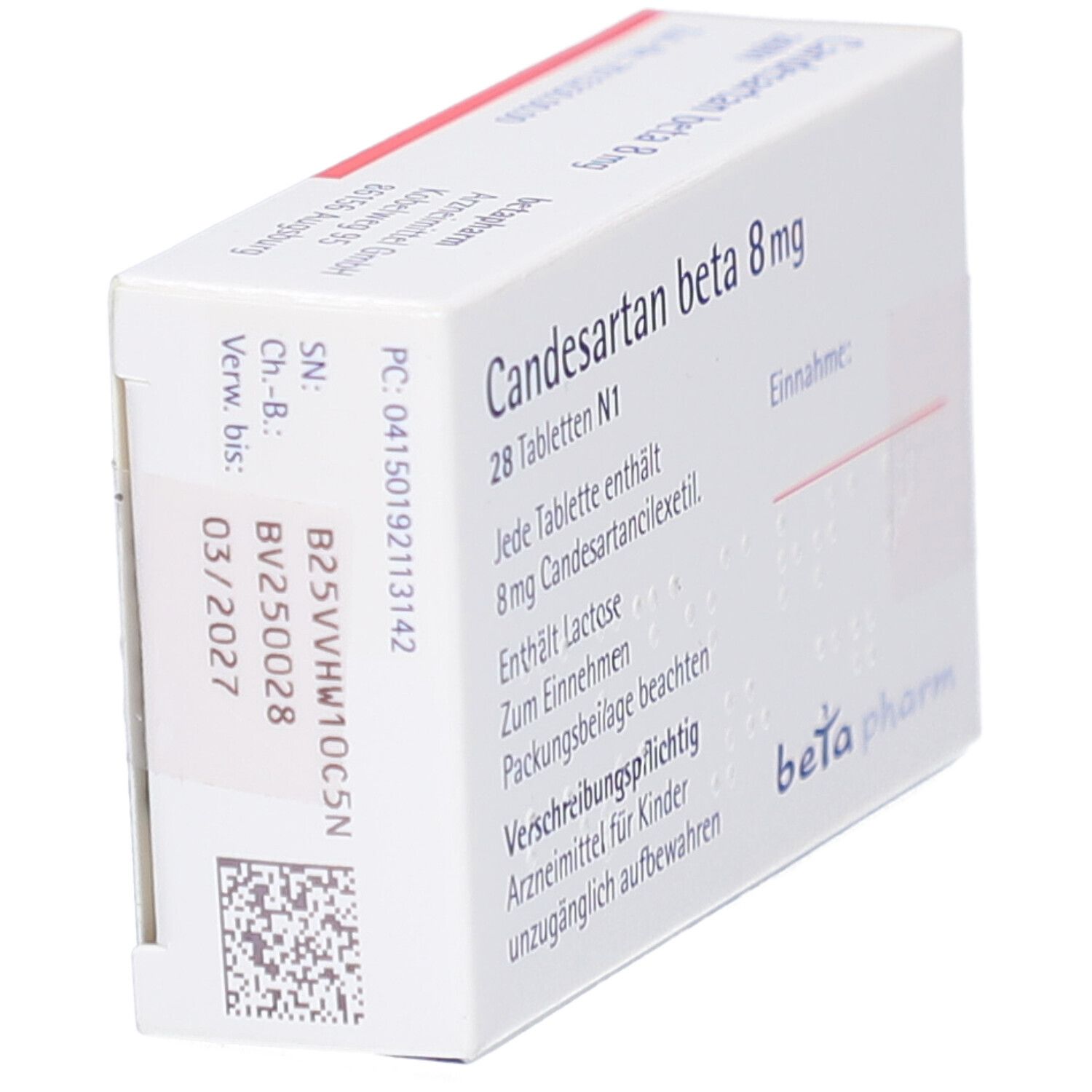 Schachtel mit CANDESARTAN beta 8 mg Tabletten. Weiß, rot und blau. Schriftzug: Candesartan beta 8 mg Tabletten.