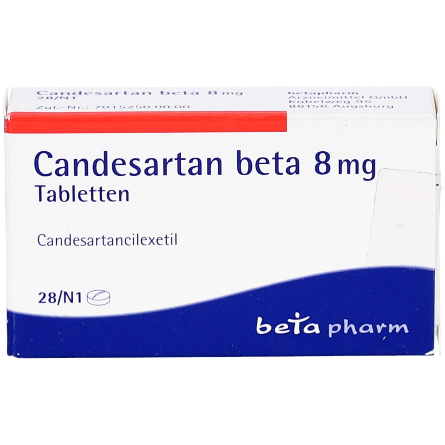 Schachtel mit CANDESARTAN beta 8 mg Tabletten. Weiß, rot und blau. Schriftzug: Candesartan beta 8 mg Tabletten.