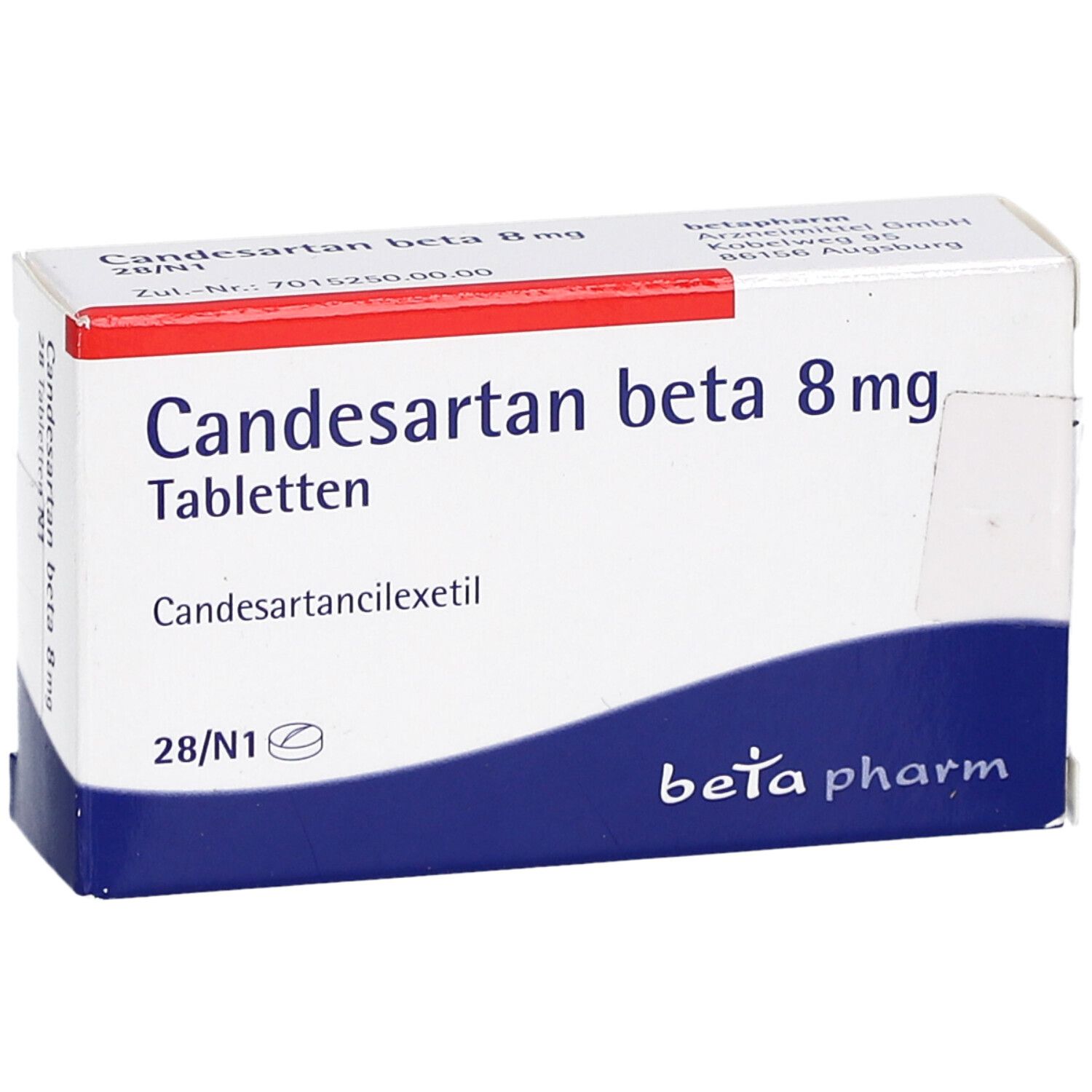 Schachtel mit CANDESARTAN beta 8 mg Tabletten. Weiß, rot und blau. Schriftzug: Candesartan beta 8 mg Tabletten.