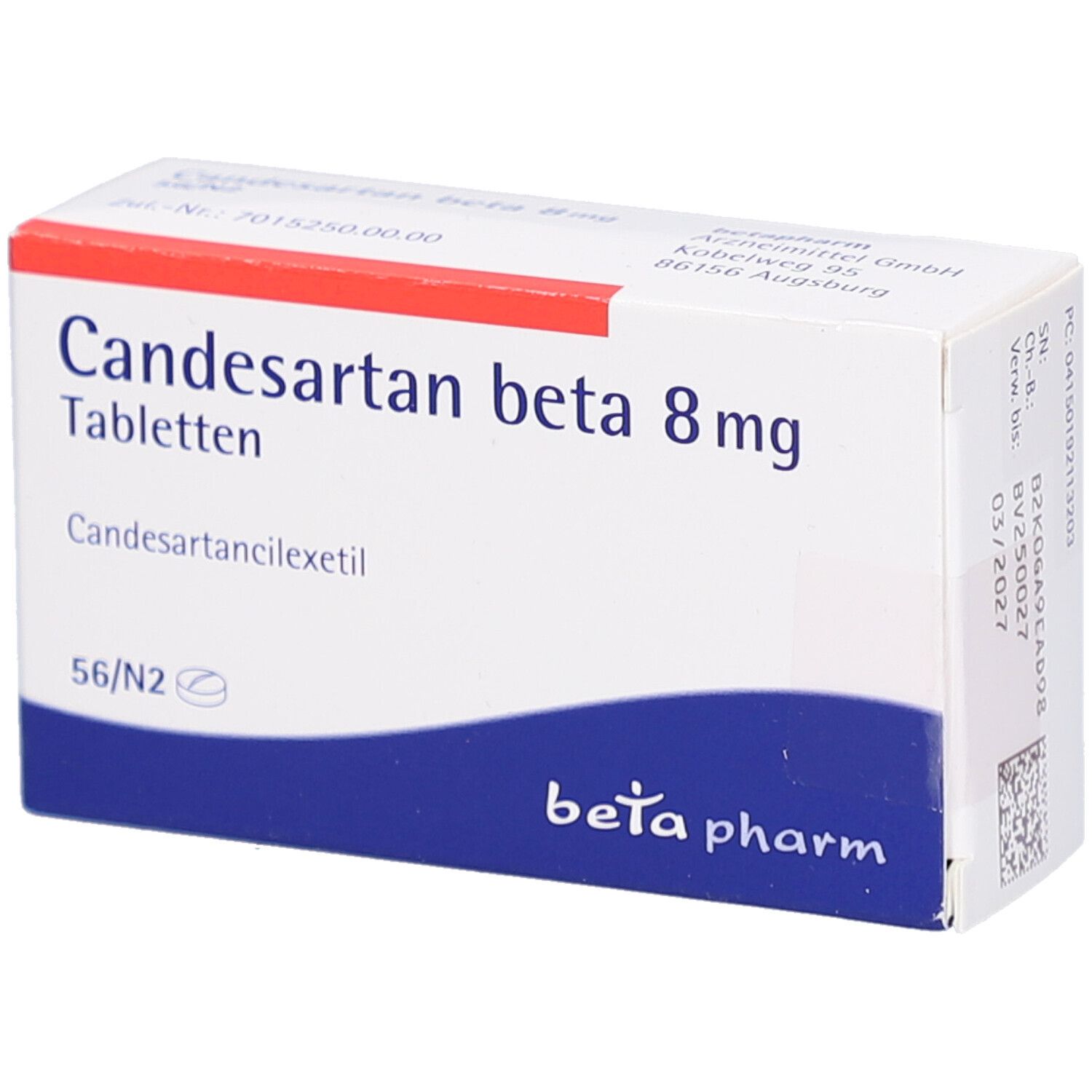 Schachtel mit CANDESARTAN beta 8 mg Tabletten. Blaue und rote Akzente. Hersteller: beta pharm.