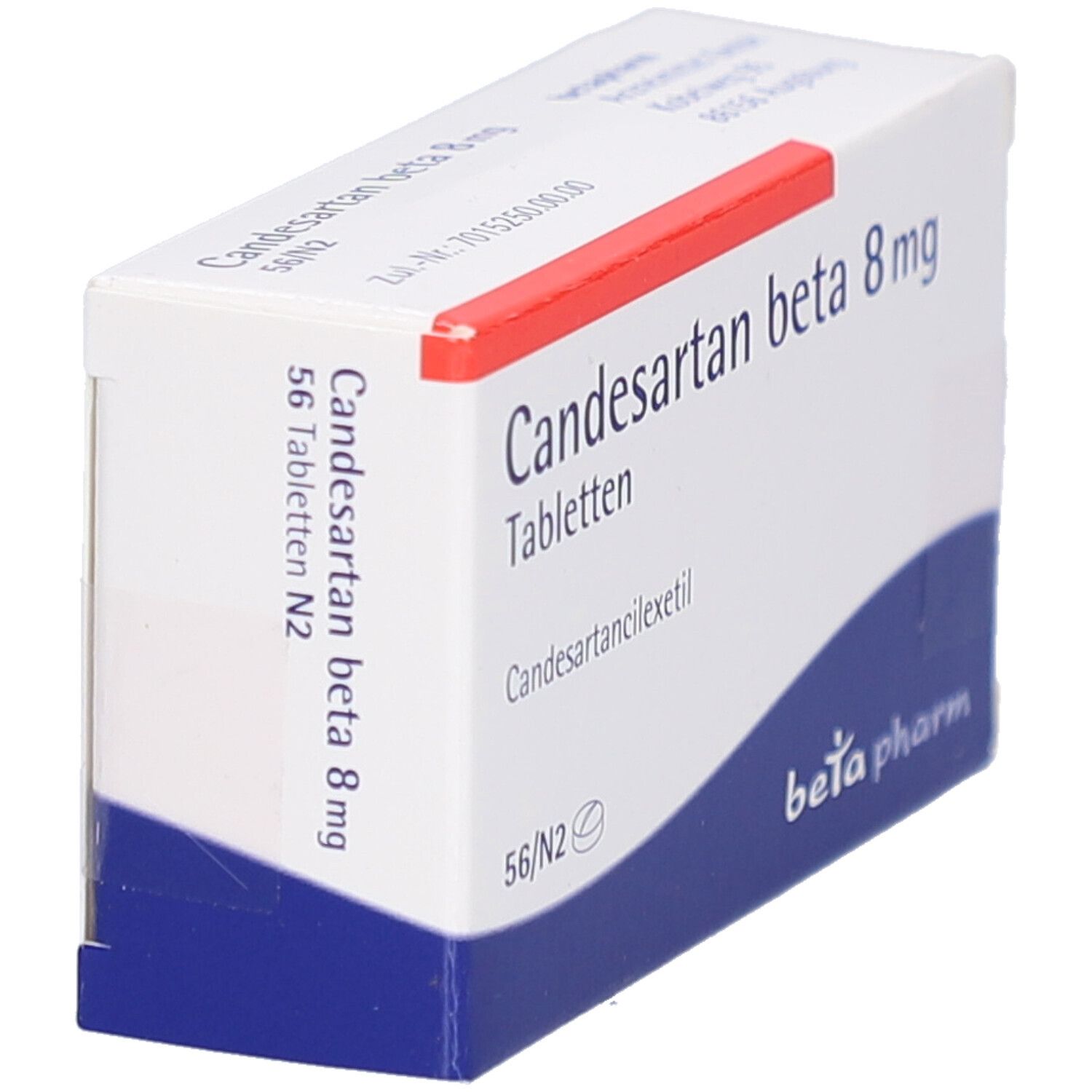 Schachtel CANDESARTAN beta 8 mg Tabletten. Rote und blaue Akzente. Hersteller: beta pharm.