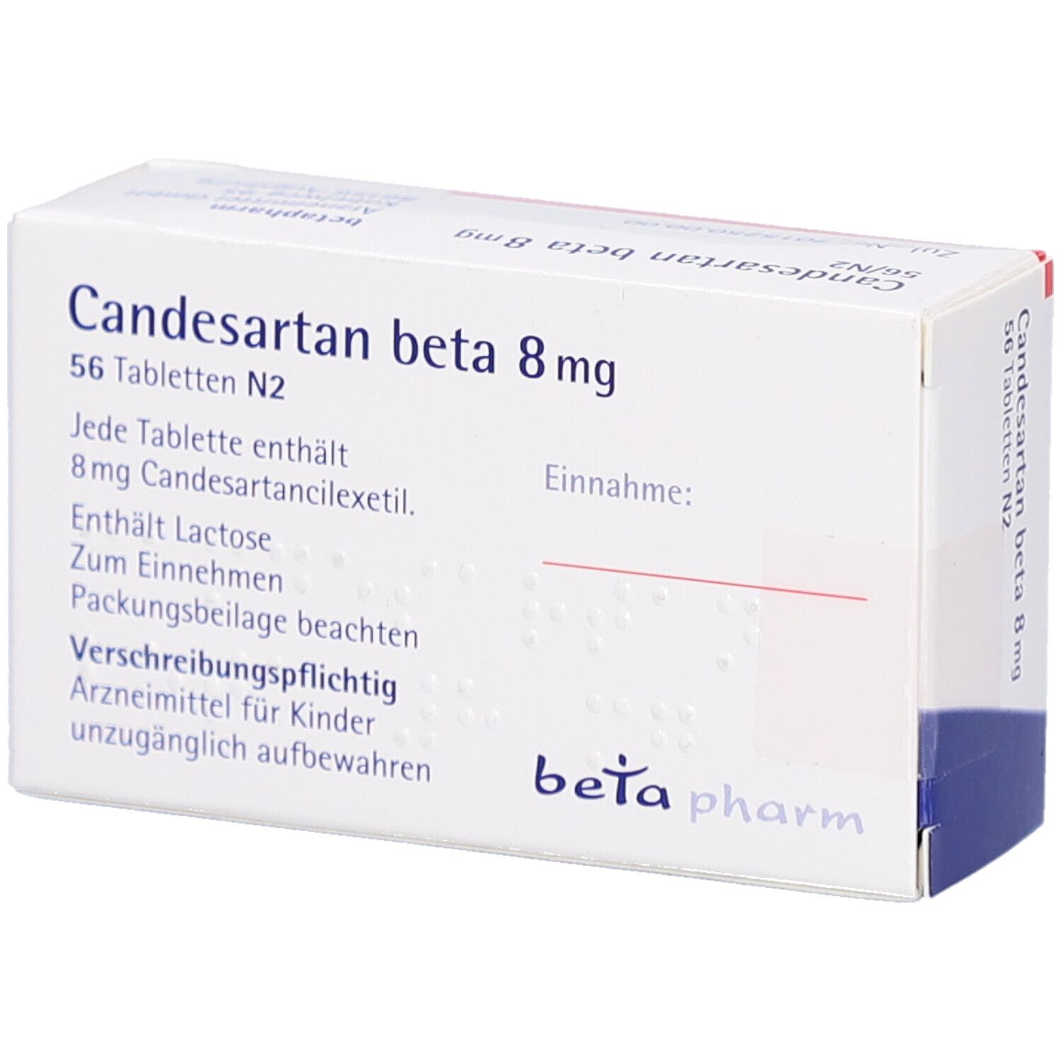 Schachtel CANDESARTAN beta 8 mg Tabletten. Text auf Deutsch. Hersteller: beta pharm.
