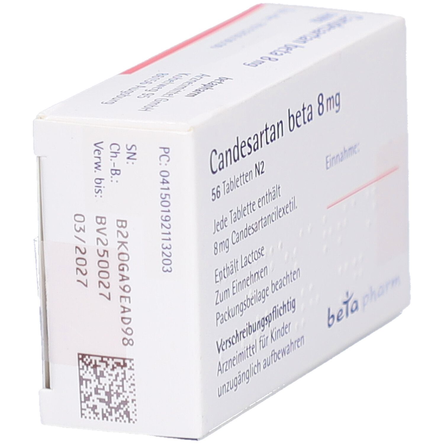 Schachtel CANDESARTAN beta 8 mg Tabletten. Rückseite mit Informationen. Hersteller: beta pharm.
