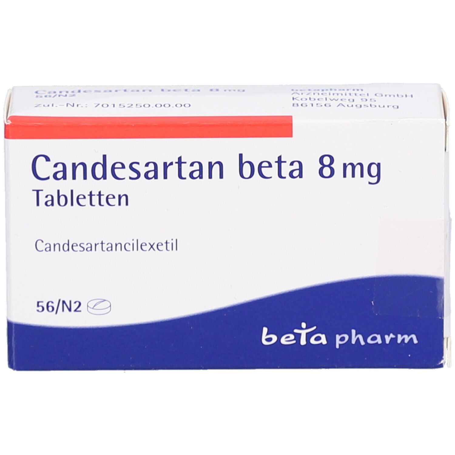 Schachtel CANDESARTAN beta 8 mg Tabletten. Blaue und weiße Schrift. Hersteller: beta pharm.
