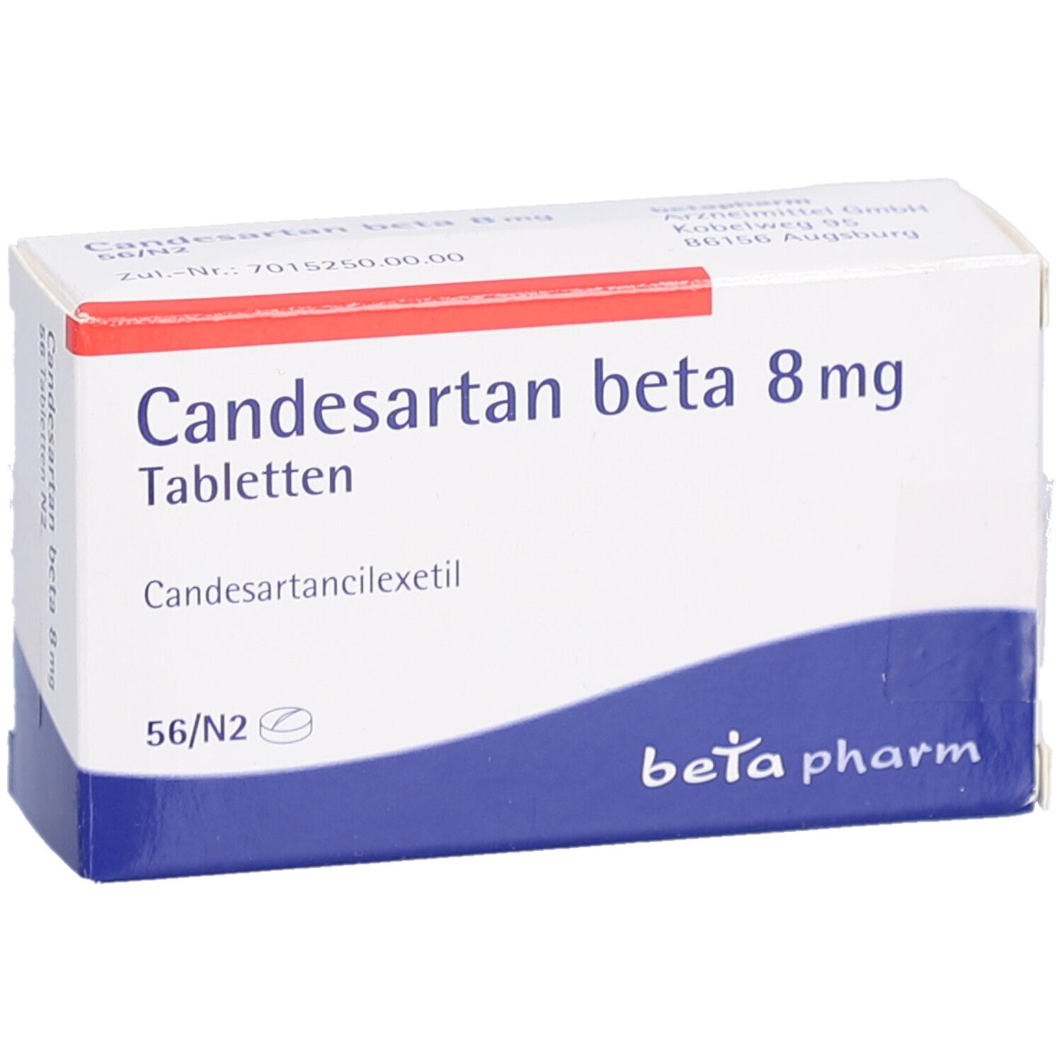Schachtel CANDESARTAN beta 8 mg Tabletten. Blaue und weiße Schrift. Hersteller: beta pharm.