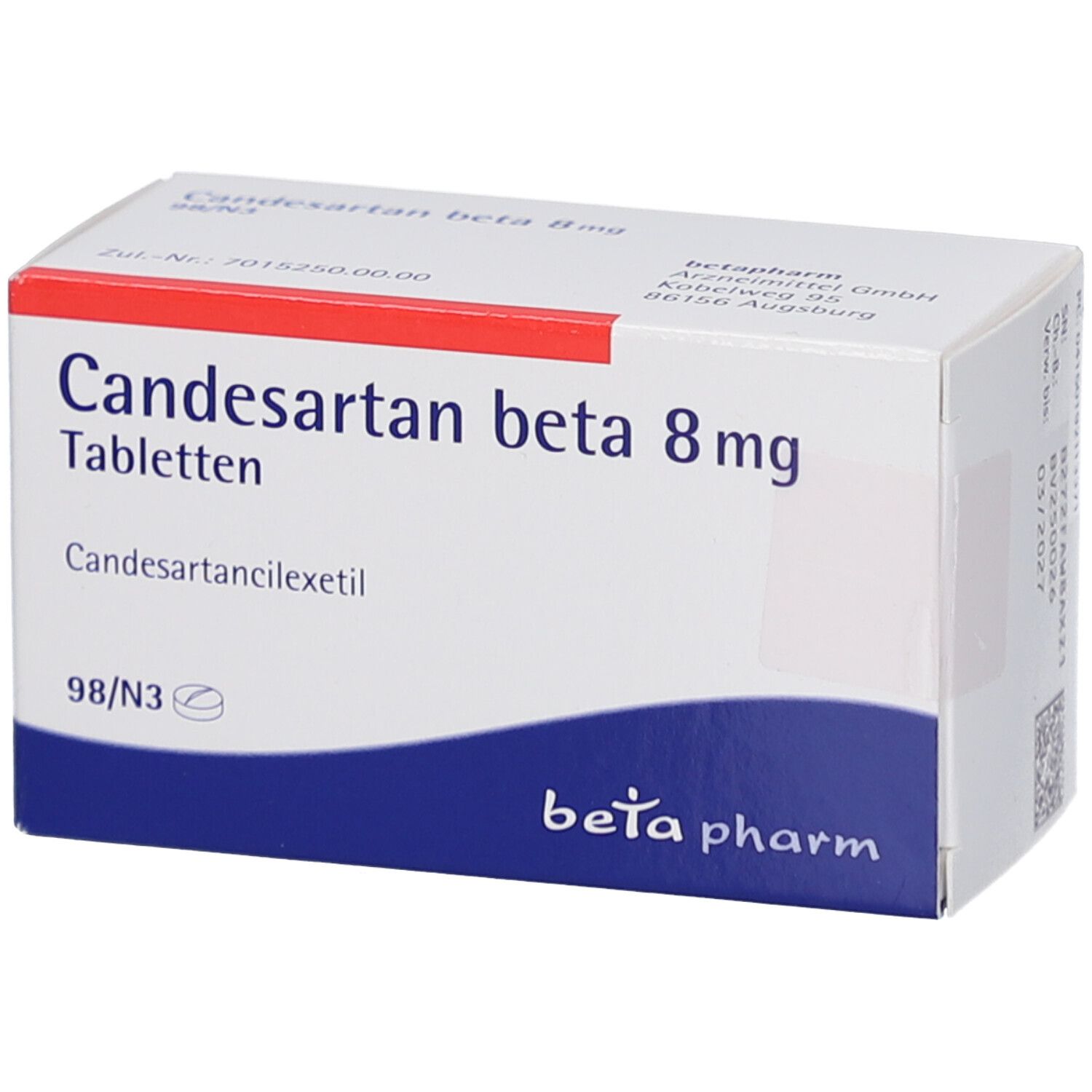 Weiße Tablettenbox mit blauer und roter Akzentfarbe. Aufschrift: Candesartan beta 8 mg Tabletten. Marke: beta pharm.