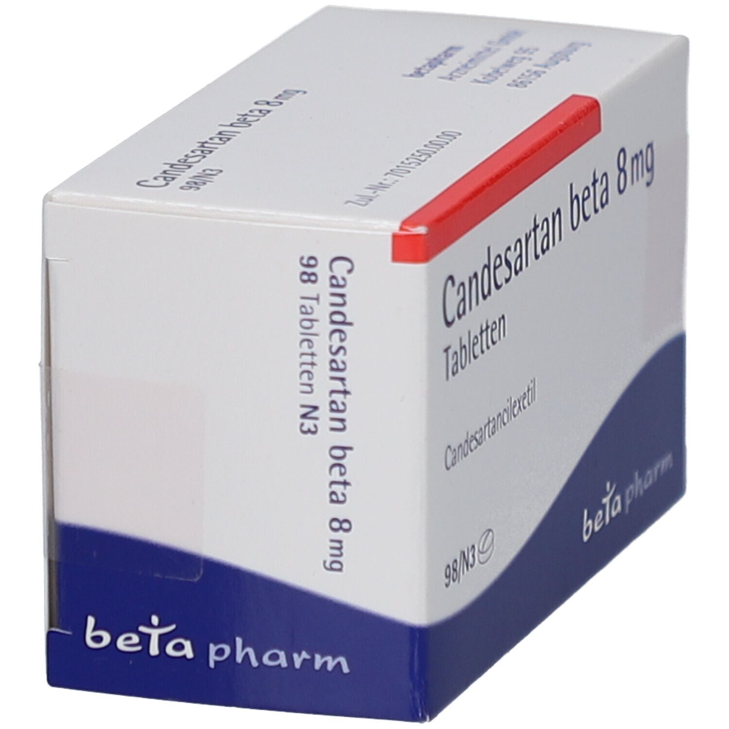 Schräg gestellte Tablettenbox. Aufschrift: Candesartan beta 8 mg Tabletten. Marke: beta pharm. Box mit rotem Streifen.