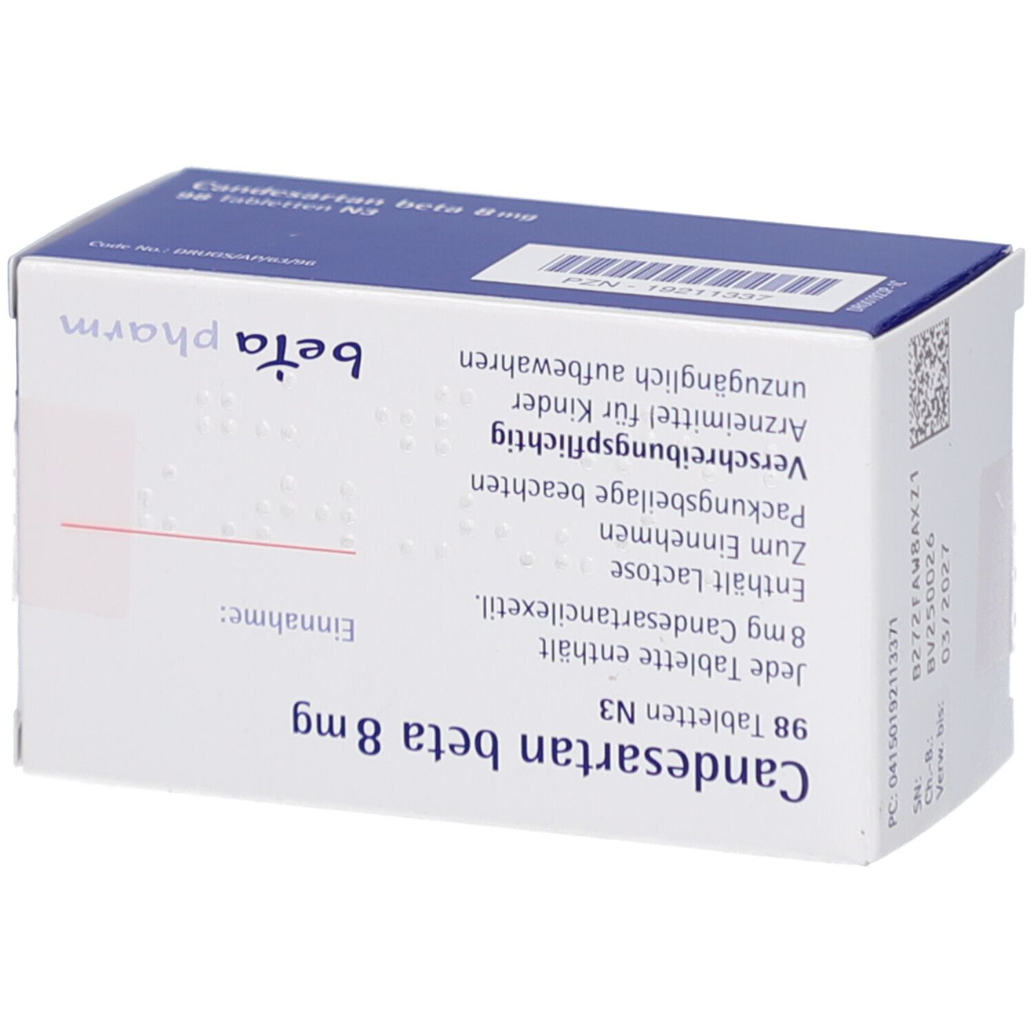 Tablettenbox mit Aufschrift: Candesartan beta 8 mg Tabletten. Rückseite mit Informationen und Text. Marke: beta pharm.