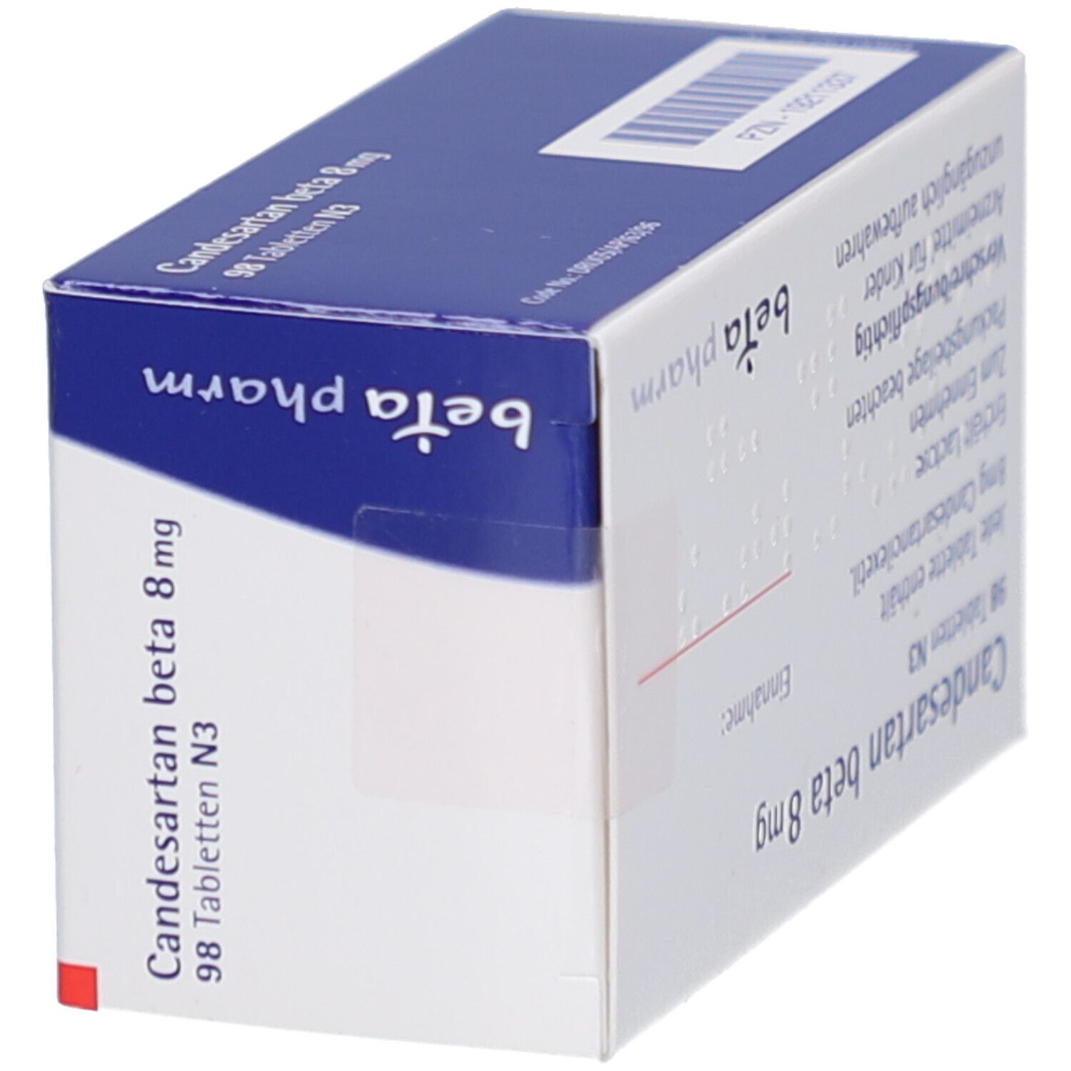 Tablettenbox schräg von der Seite. Aufschrift: Candesartan beta 8 mg Tabletten. Marke: beta pharm. Blaue und rote Akzente.