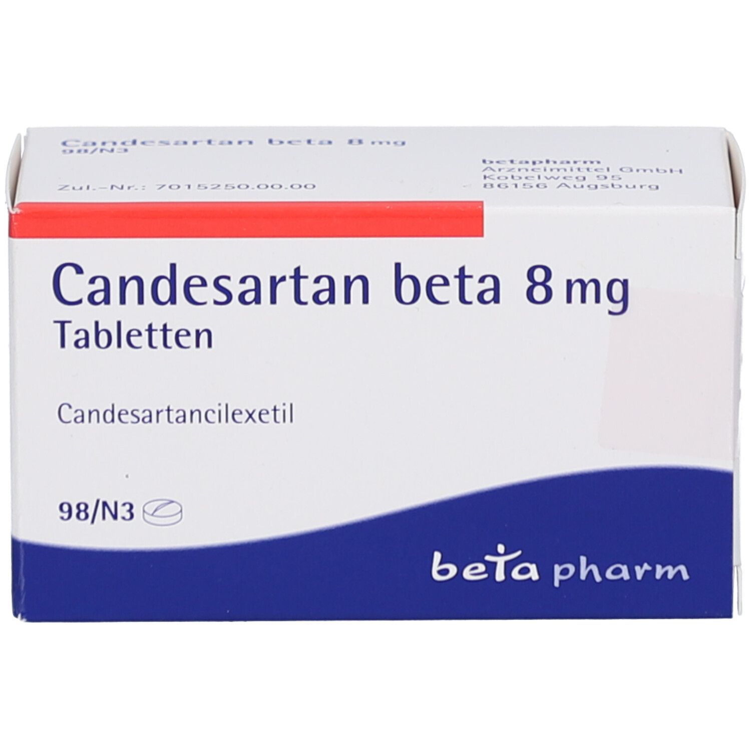 Weiße Tablettenbox mit rotem Streifen. Aufschrift: Candesartan beta 8 mg Tabletten. Marke: beta pharm. Blaue Akzente.