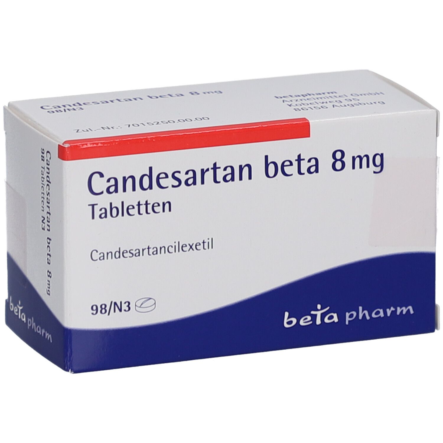 Tablettenbox mit rotem Streifen. Aufschrift: Candesartan beta 8 mg Tabletten. Marke: beta pharm. Box schräg gestellt.