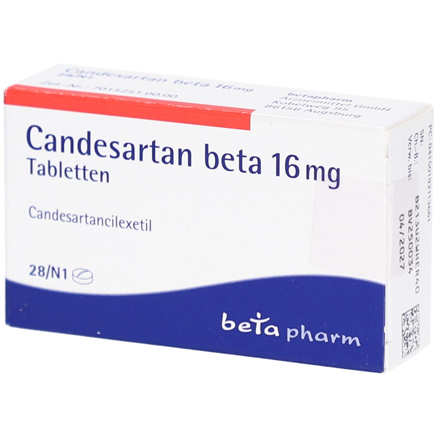 Schachtel mit Candesartan beta 16 mg Tabletten. Weiß, rot und blau. Text: beta pharm, 28 Tabletten.