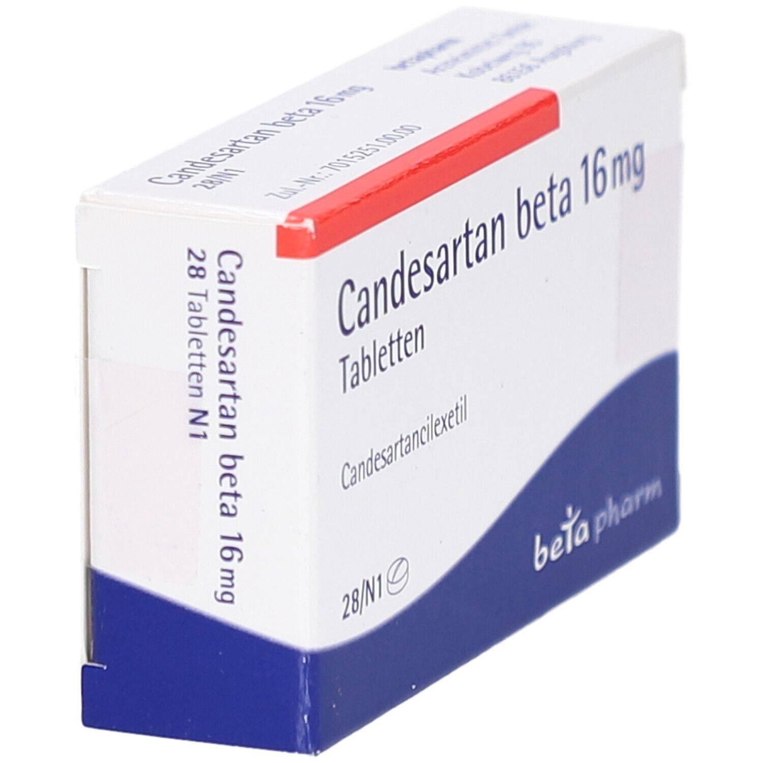Schachtel Candesartan beta 16 mg Tabletten. Weiß, rot und blau. Text: beta pharm, 28 Tabletten.