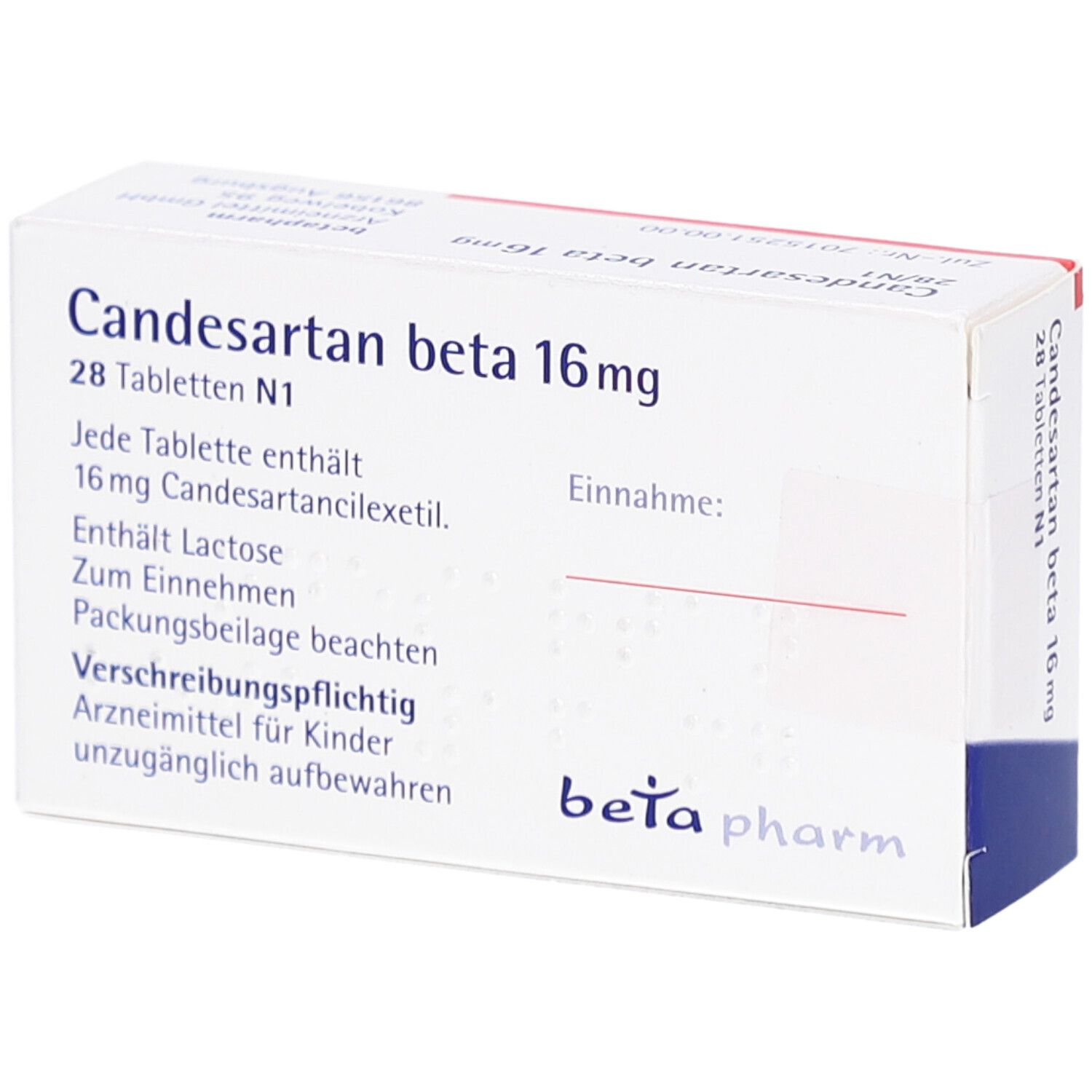 Schachtel Candesartan beta 16 mg Tabletten. Text: 28 Tabletten, beta pharm. Enthält Lactose.