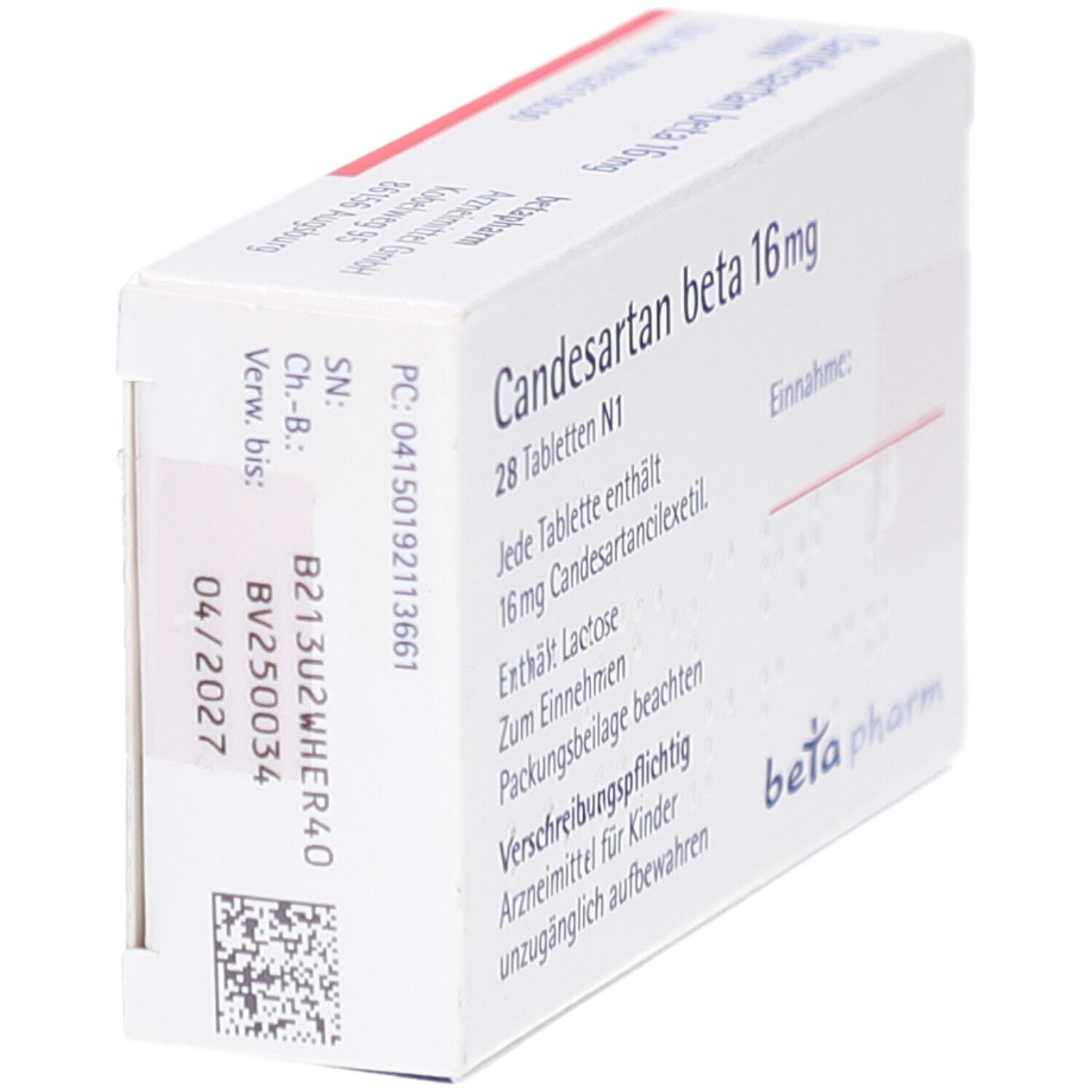 Schachtel Candesartan beta 16 mg Tabletten. Text: 28 Tabletten, beta pharm. Verfallsdatum 04/2027.