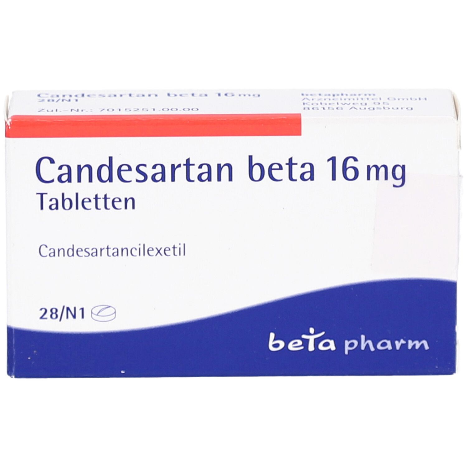 Schachtel Candesartan beta 16 mg Tabletten. Blau und weiß. Text: 28 Tabletten, beta pharm.