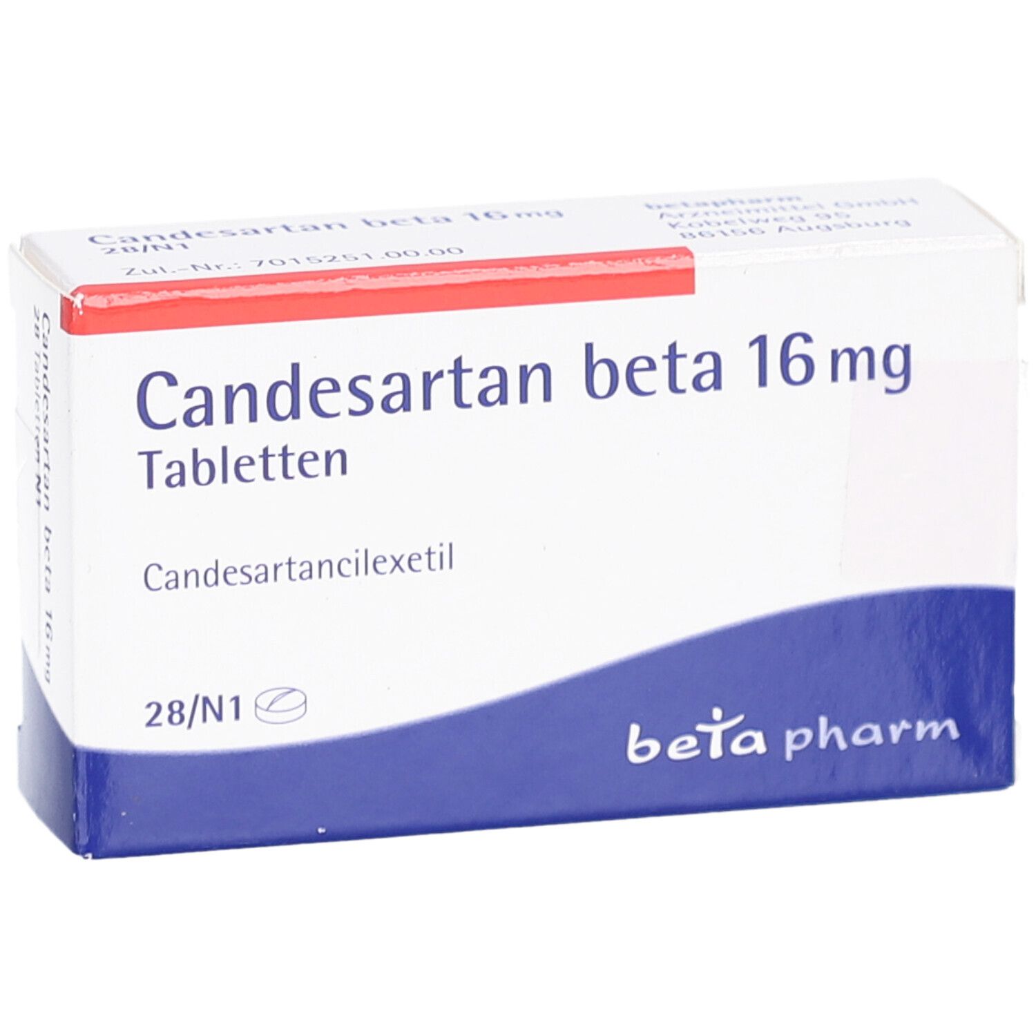 Schachtel Candesartan beta 16 mg Tabletten. Blau und weiß. Text: 28 Tabletten, beta pharm.