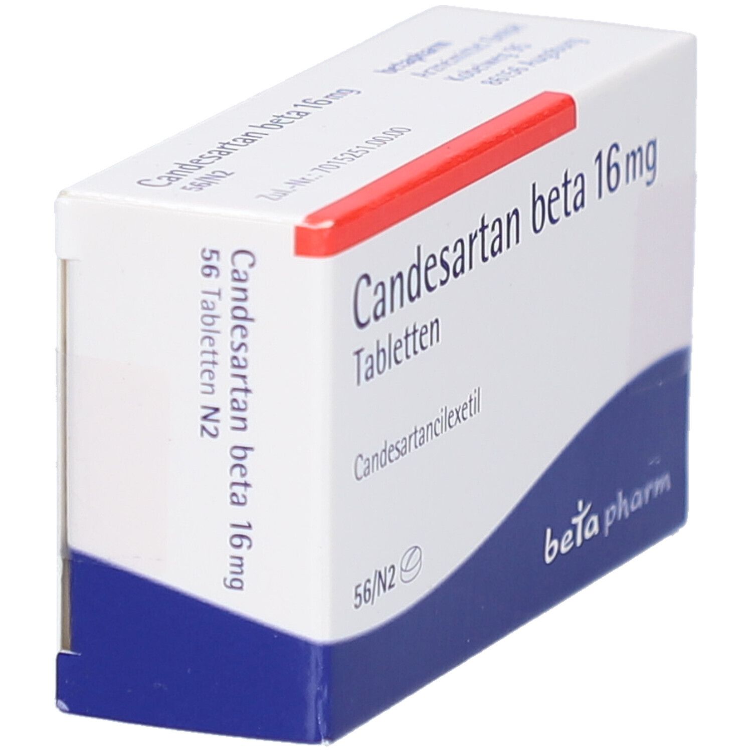 Tablettenbox Candesartan beta 16 mg, weiß mit blauem Streifen. Logo beta pharm. 56 Tabletten.