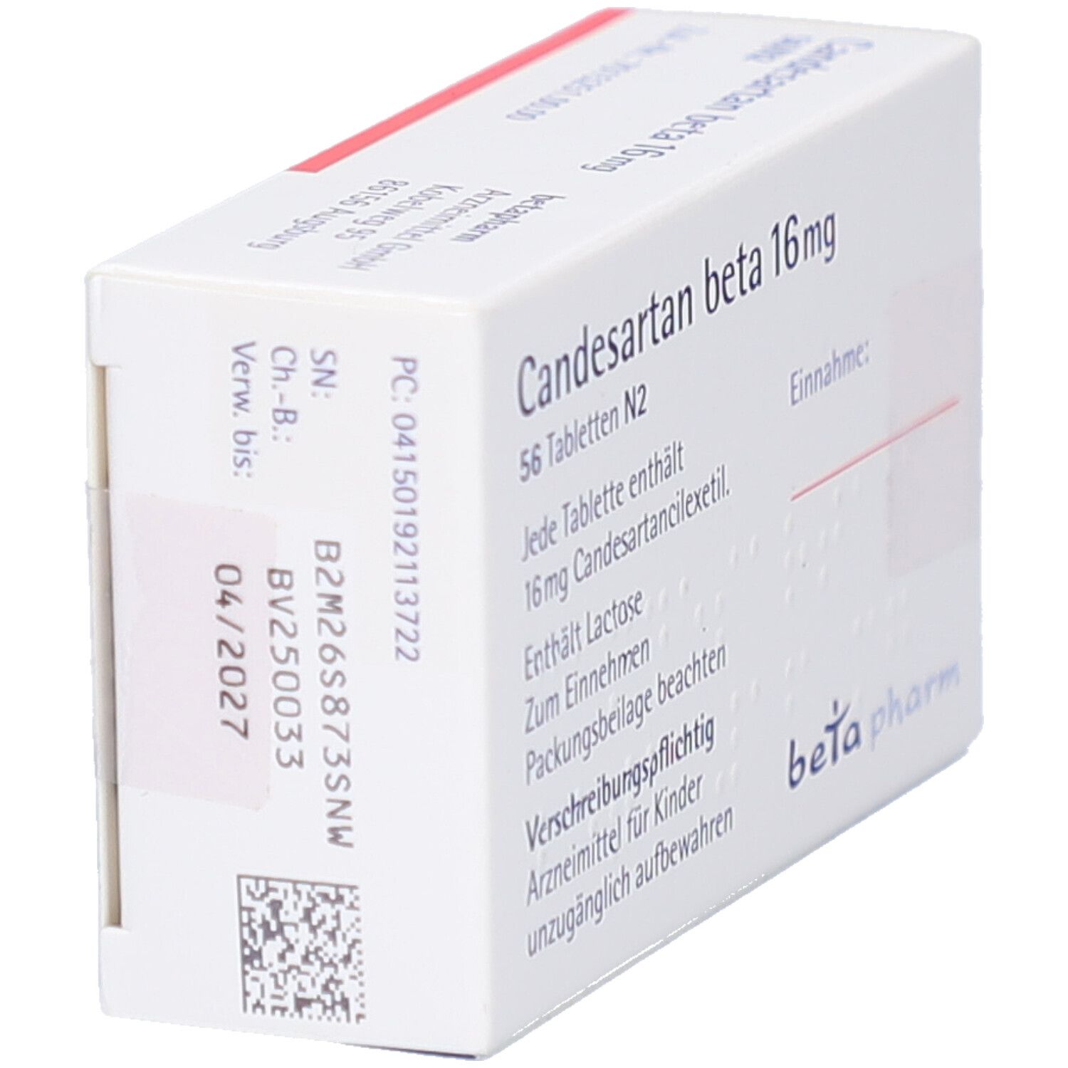 Tablettenbox Candesartan beta 16 mg, weiß. Logo beta pharm. Verfallsdatum 04/2027. 56 Tabletten.