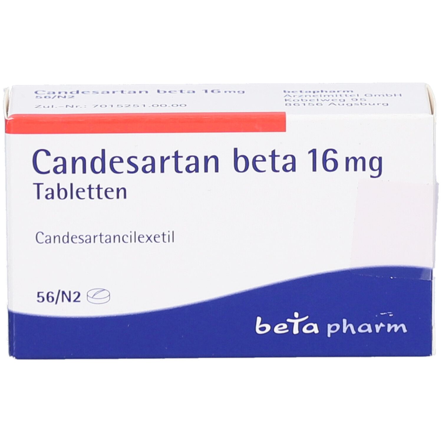 Weiße Tablettenbox mit Aufschrift Candesartan beta 16 mg Tabletten. Logo beta pharm. 56 Tabletten.