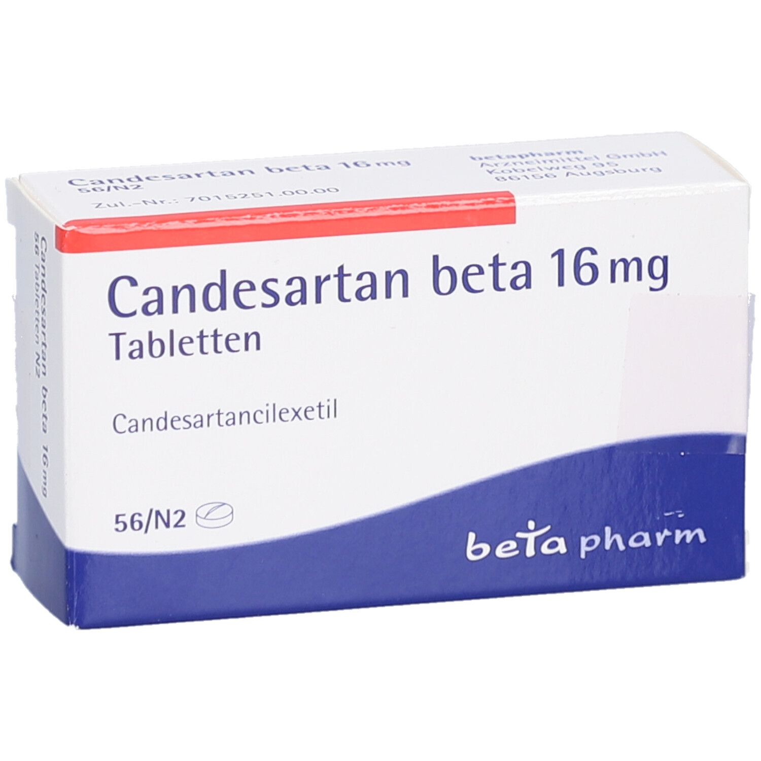 Weiße Tablettenbox mit Aufschrift Candesartan beta 16 mg Tabletten. Logo beta pharm. 56 Tabletten.