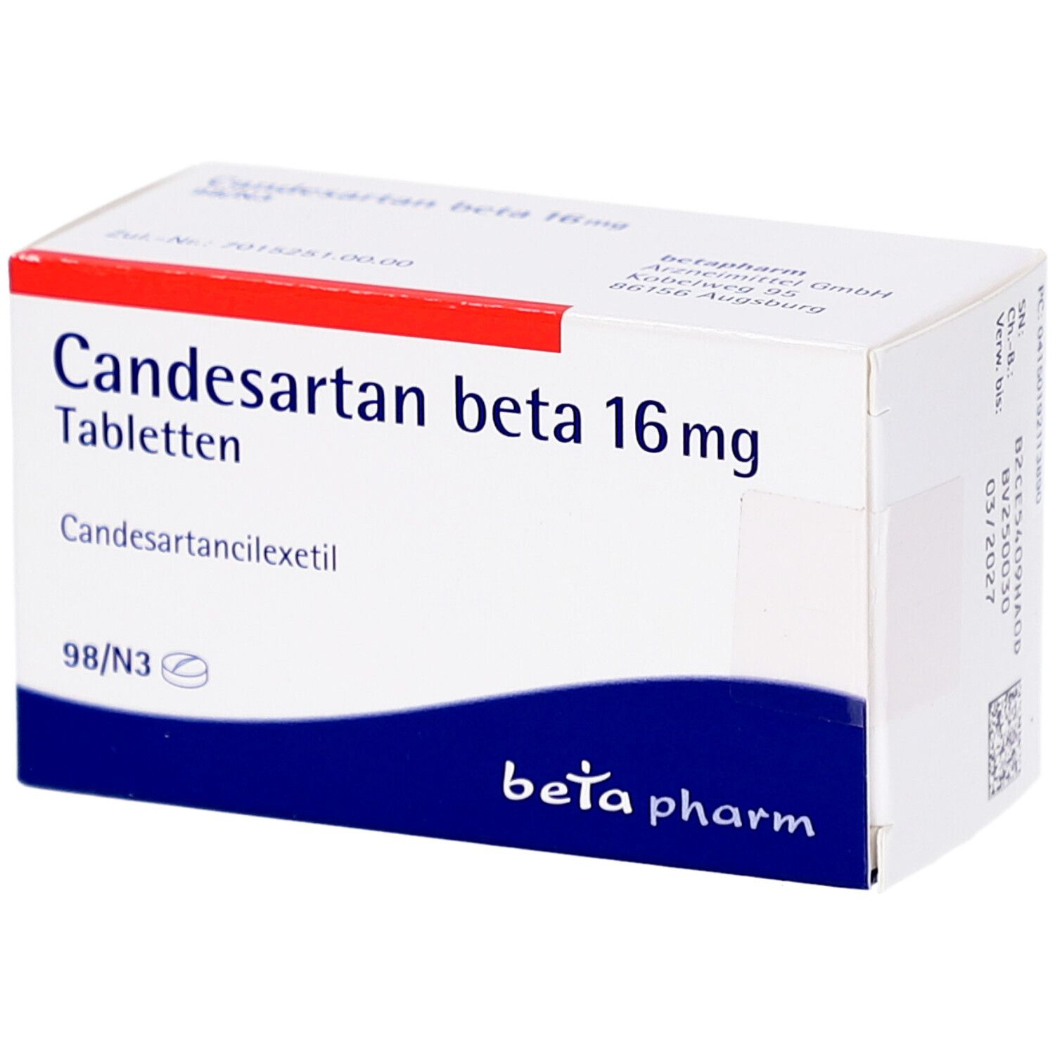 Weiße Tablettenbox mit rotem Streifen. Aufschrift: Candesartan beta 16 mg Tabletten. Logo: beta pharm.