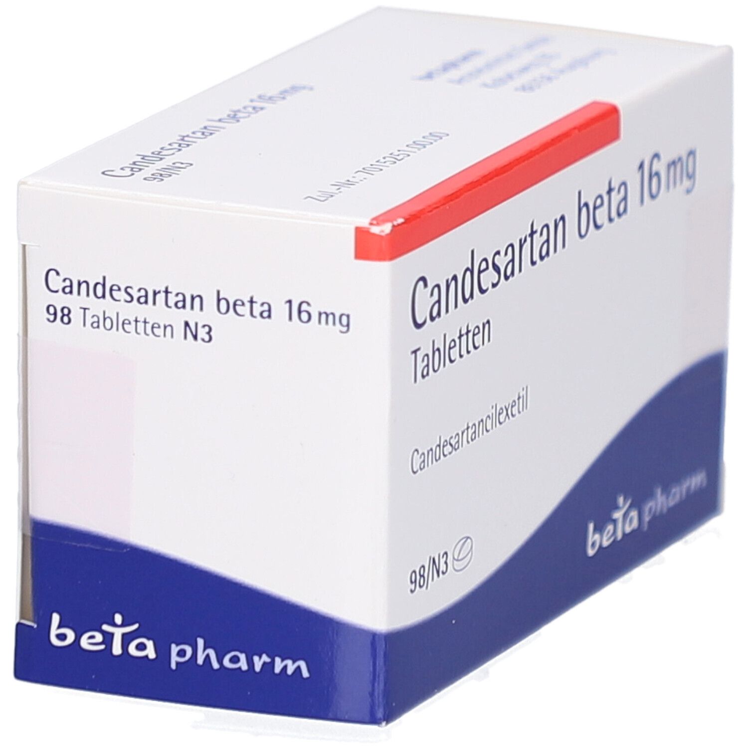 Tablettenbox, weiß mit blauem Bogen. Aufschrift: Candesartan beta 16 mg Tabletten. Logo: beta pharm.