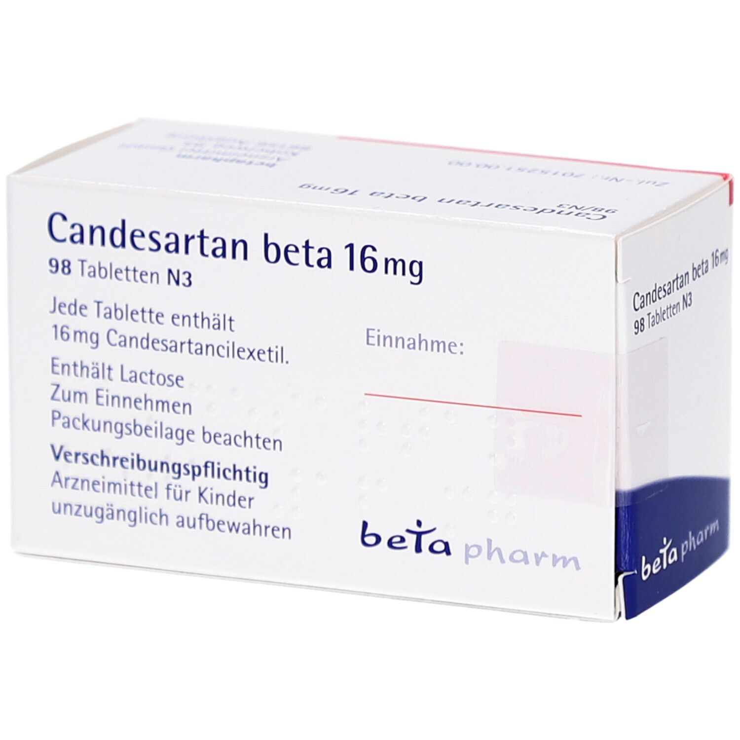 Weiße Tablettenbox mit blauer Ecke. Aufschrift: Candesartan beta 16 mg Tabletten. Logo: beta pharm.