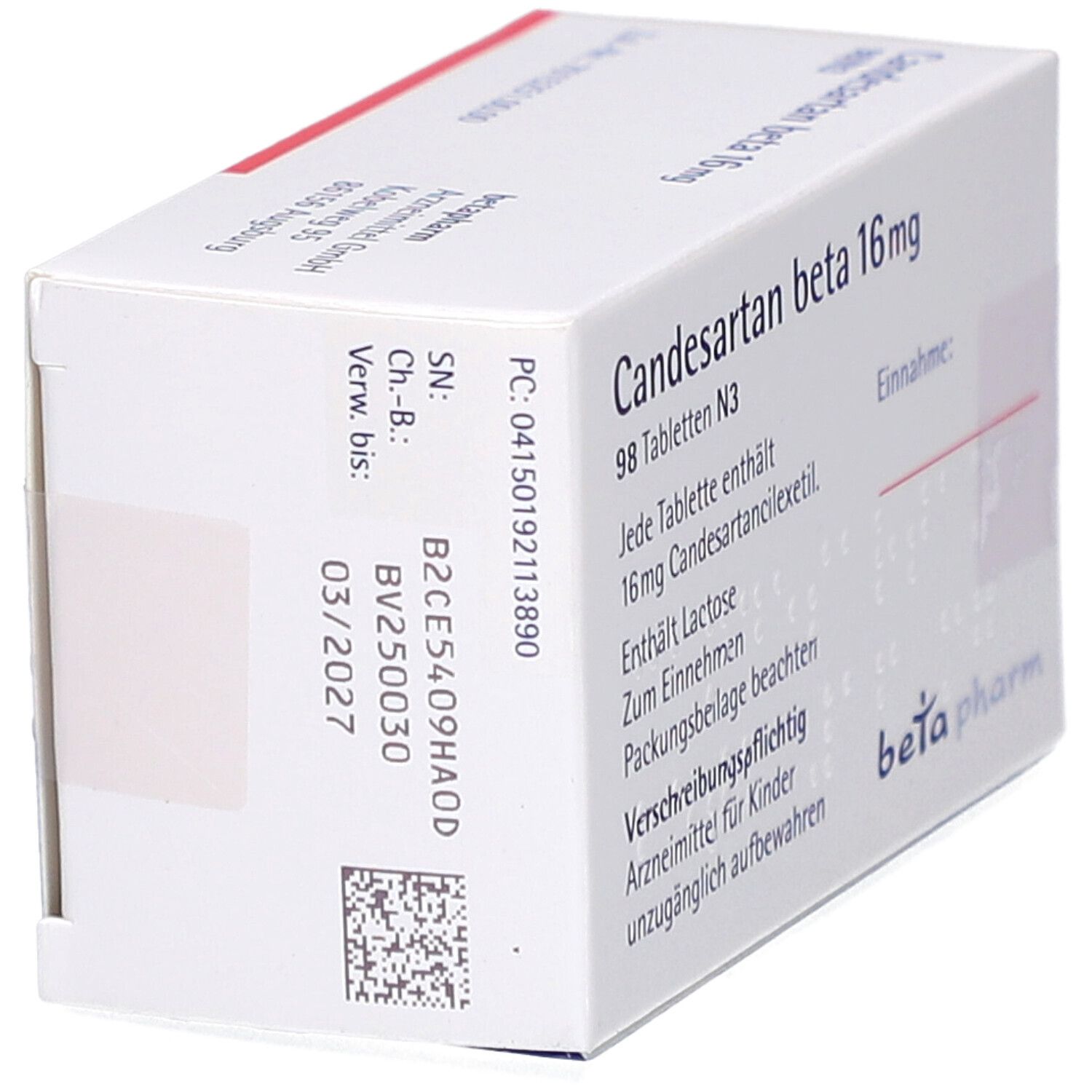 Tablettenbox, weiß mit rotem Streifen. Aufschrift: Candesartan beta 16 mg Tabletten. Logo: beta pharm.