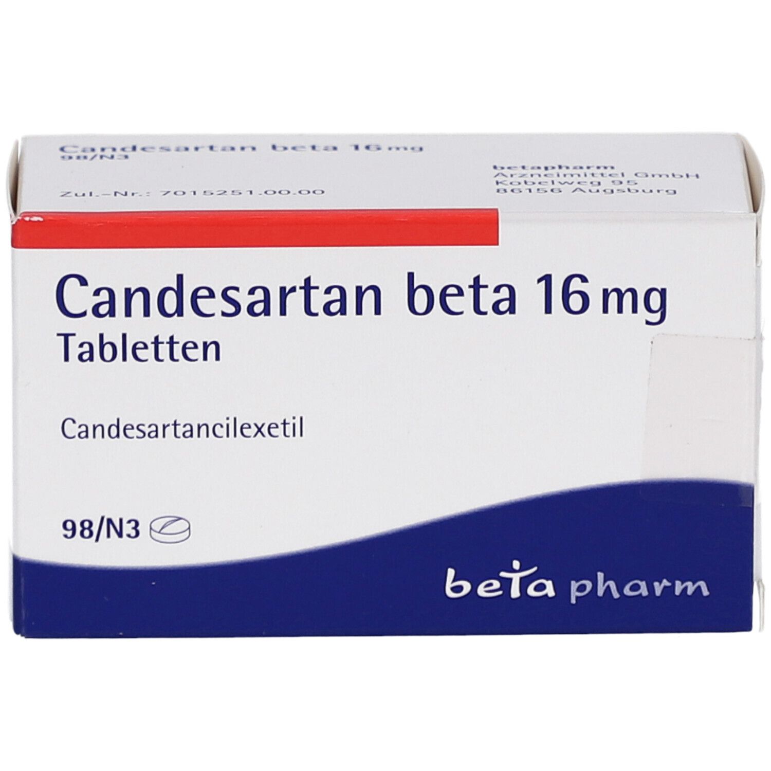 Weiße Tablettenbox mit rotem Streifen. Aufschrift: Candesartan beta 16 mg Tabletten. Logo: beta pharm.