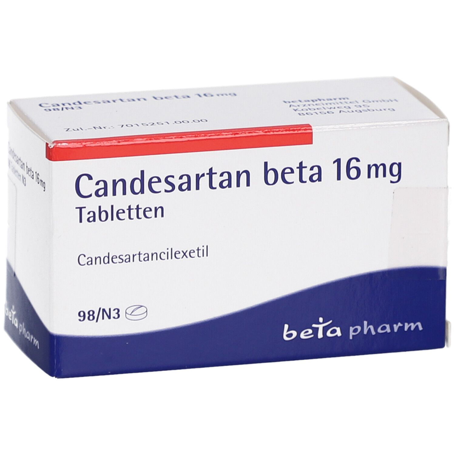 Weiße Tablettenbox mit rotem Streifen. Aufschrift: Candesartan beta 16 mg Tabletten. Logo: beta pharm.