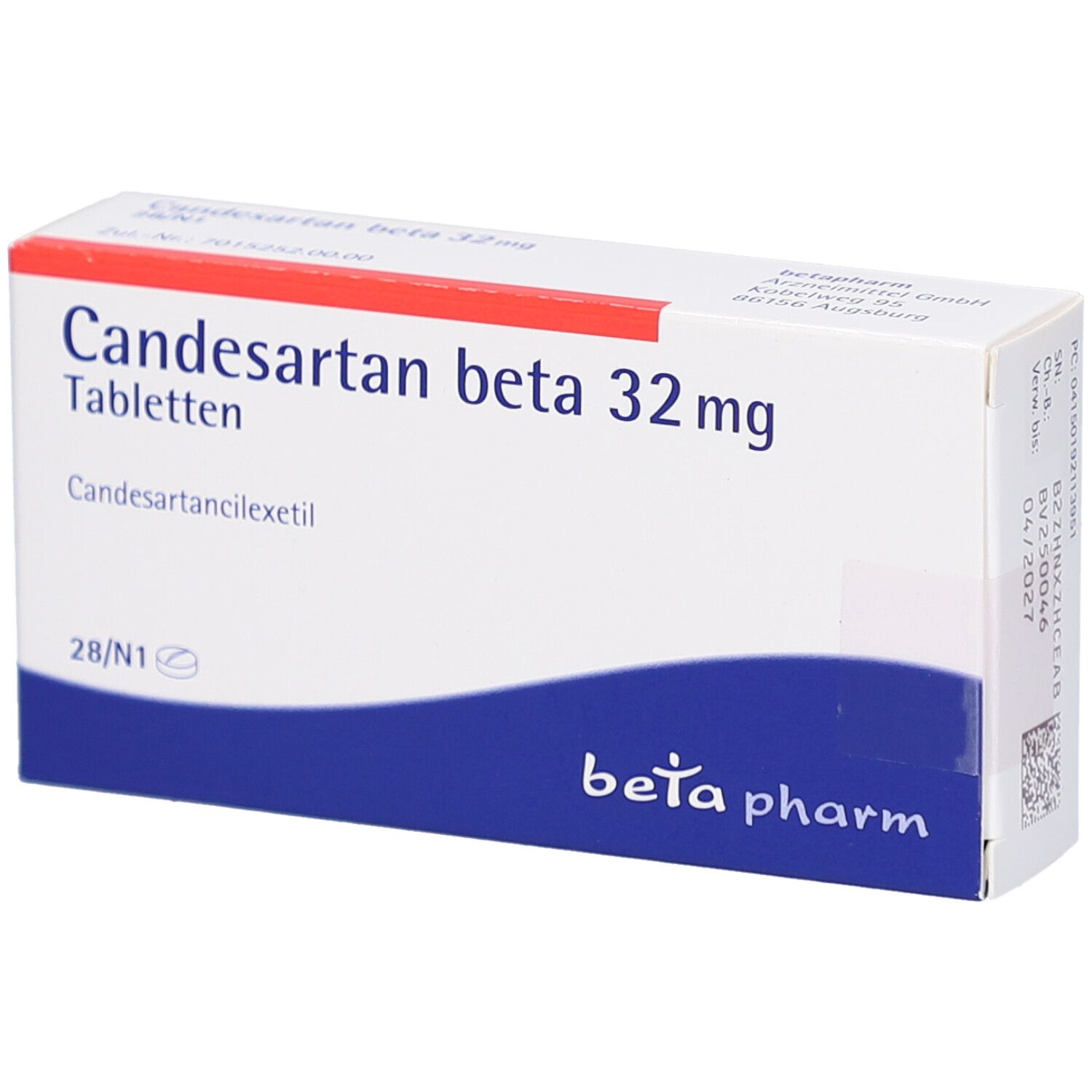 Schachtel mit "Candesartan beta 32 mg Tabletten". Weiß, rot und blau. "beta pharm" Logo.