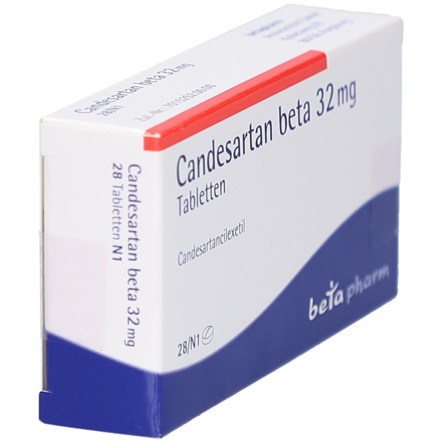 Schachtel "Candesartan beta 32 mg Tabletten". Weiß, blau und rot. "beta pharm" Logo. 28 Tabletten.
