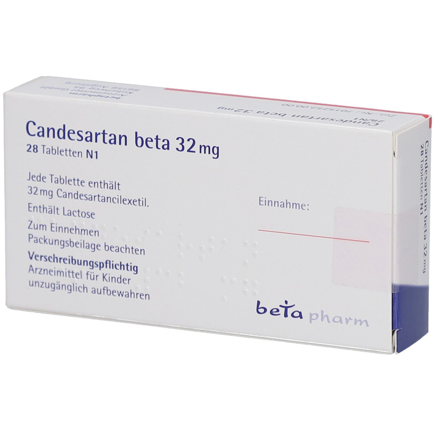 Schachtel "Candesartan beta 32 mg Tabletten". Weiß, rot und blau. Text auf Deutsch. "beta pharm" Logo.