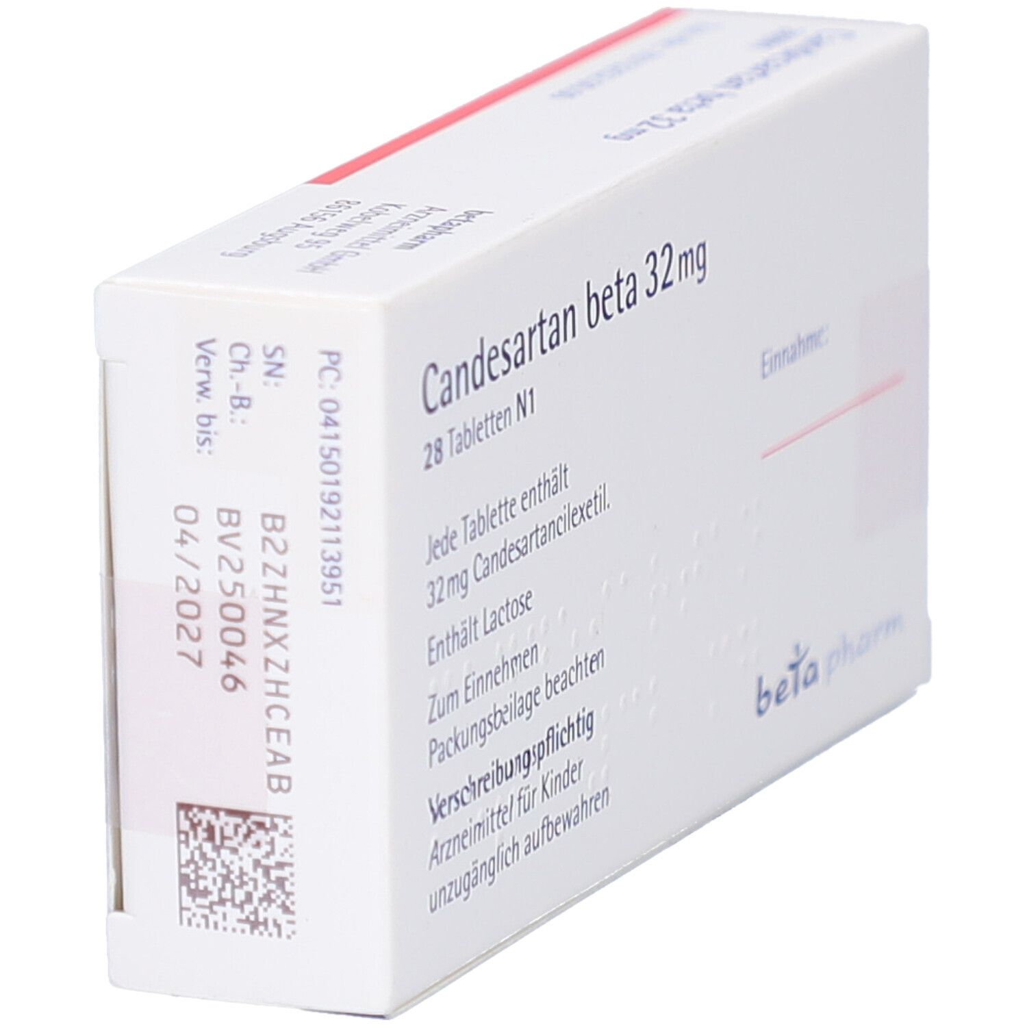 Schachtel "Candesartan beta 32 mg Tabletten". Weiß, rot und blau. Text auf Deutsch. "beta pharm" Logo.