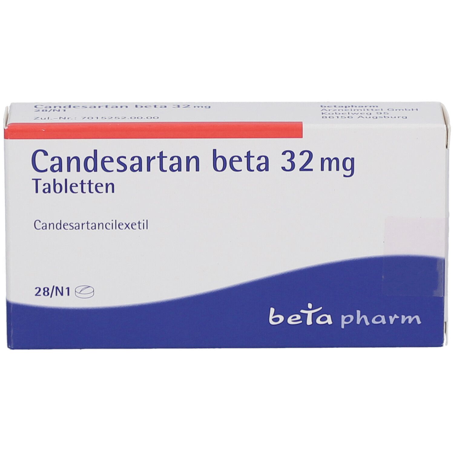 Schachtel "Candesartan beta 32 mg Tabletten". Weiß, rot und blau. "beta pharm" Logo. 28 Tabletten.