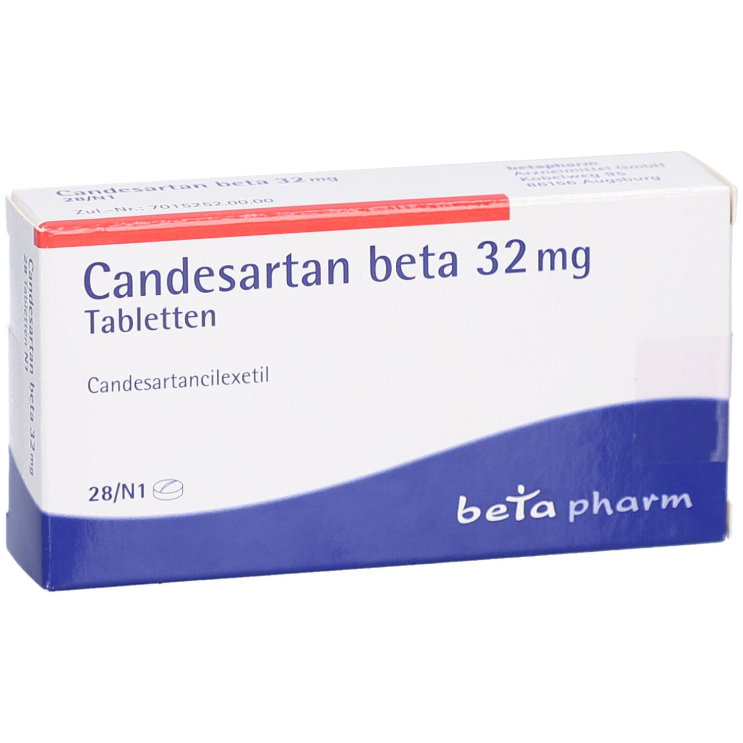 Schachtel "Candesartan beta 32 mg Tabletten". Weiß, rot und blau. "beta pharm" Logo. 28 Tabletten.