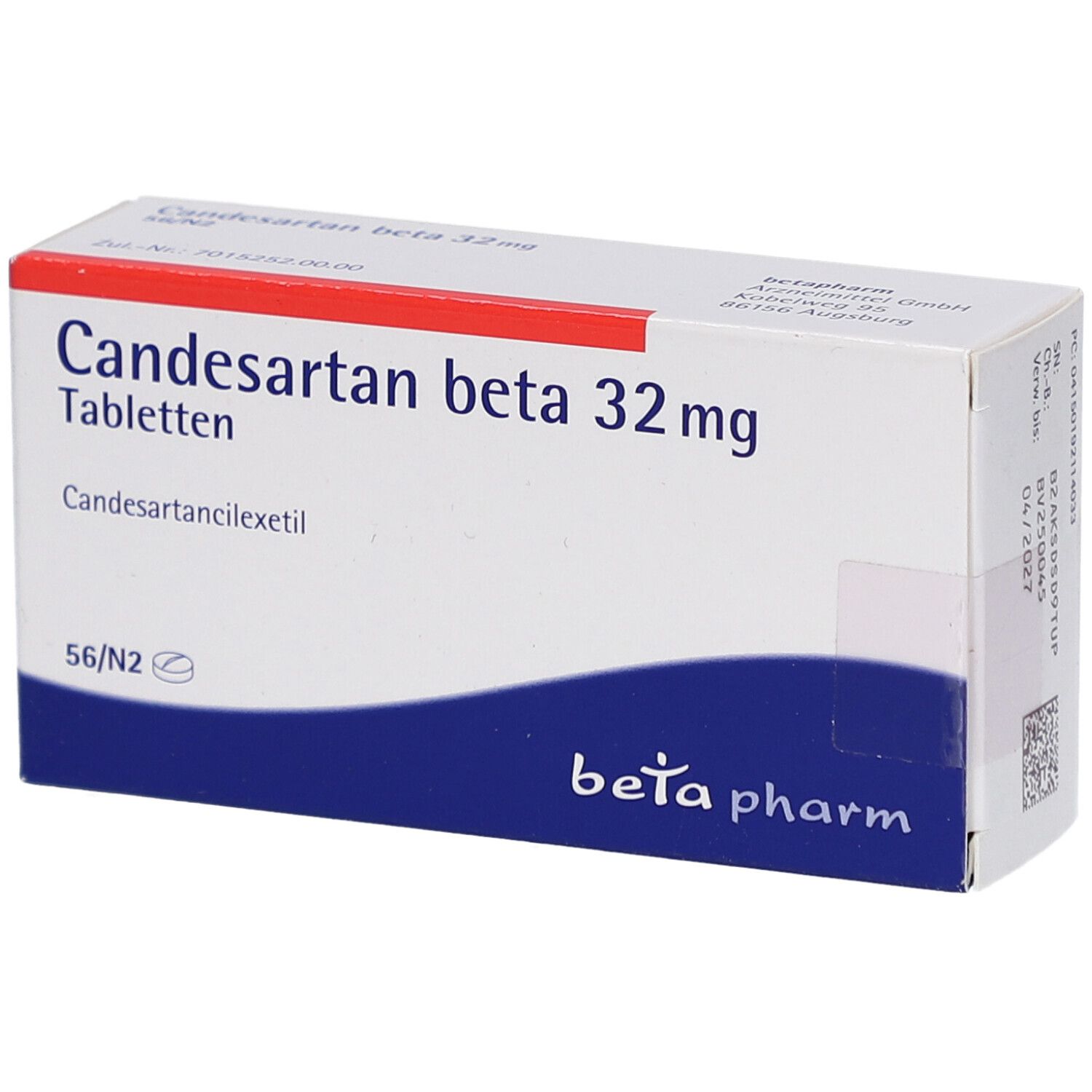 Candesartan beta 32 mg Tabletten-Packung. Weißer Karton mit blauer und roter Schrift. Hersteller: beta pharm.