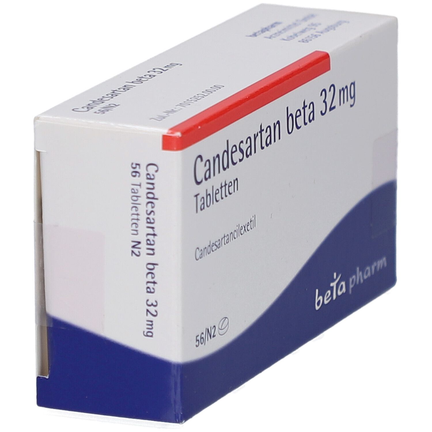Candesartan beta 32 mg Tabletten-Packung. Schrägansicht. Weißer Karton mit blauer und roter Schrift. beta pharm.