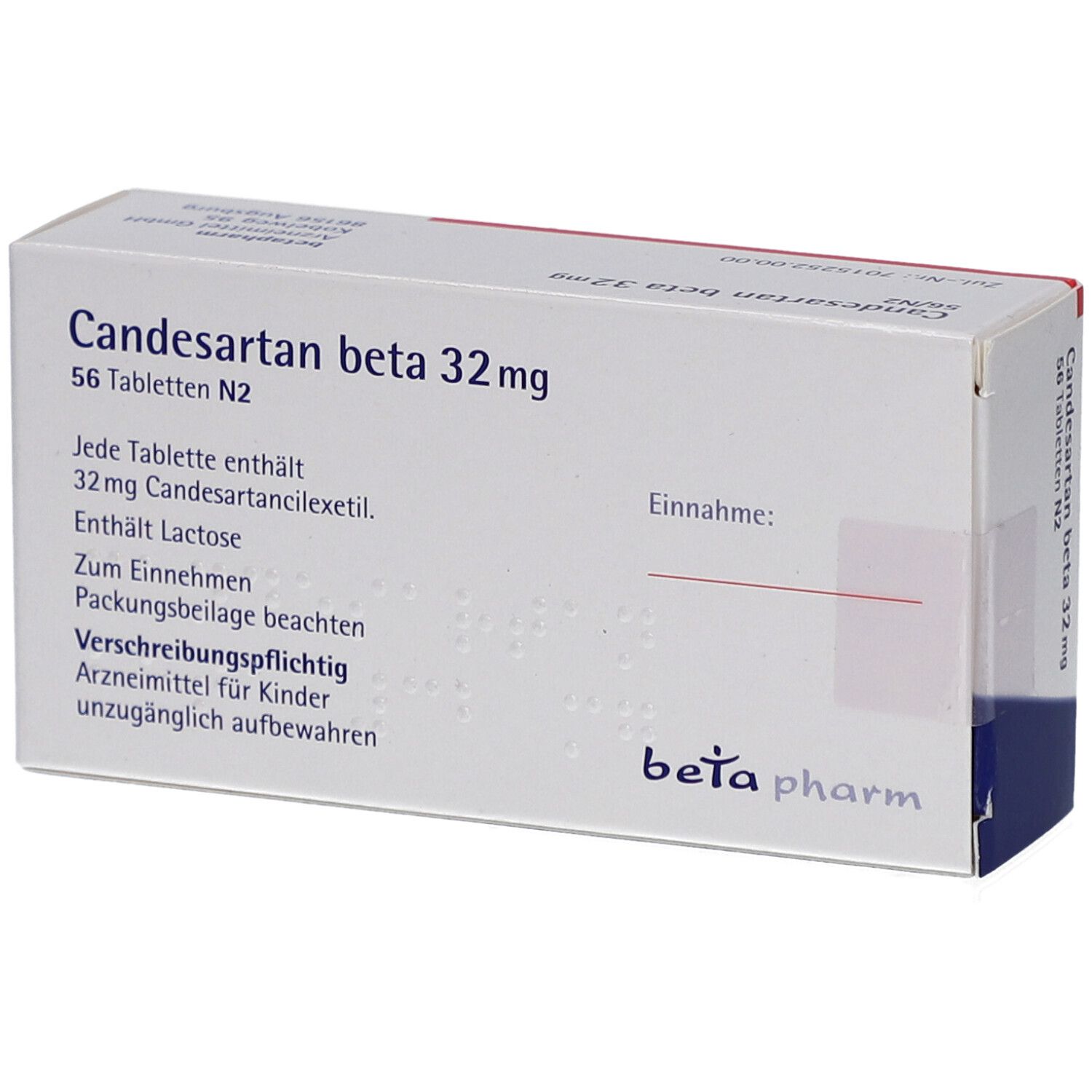 Candesartan beta 32 mg Tabletten-Packung. Text auf weißem Karton. Enthält 56 Tabletten. Hersteller: beta pharm.