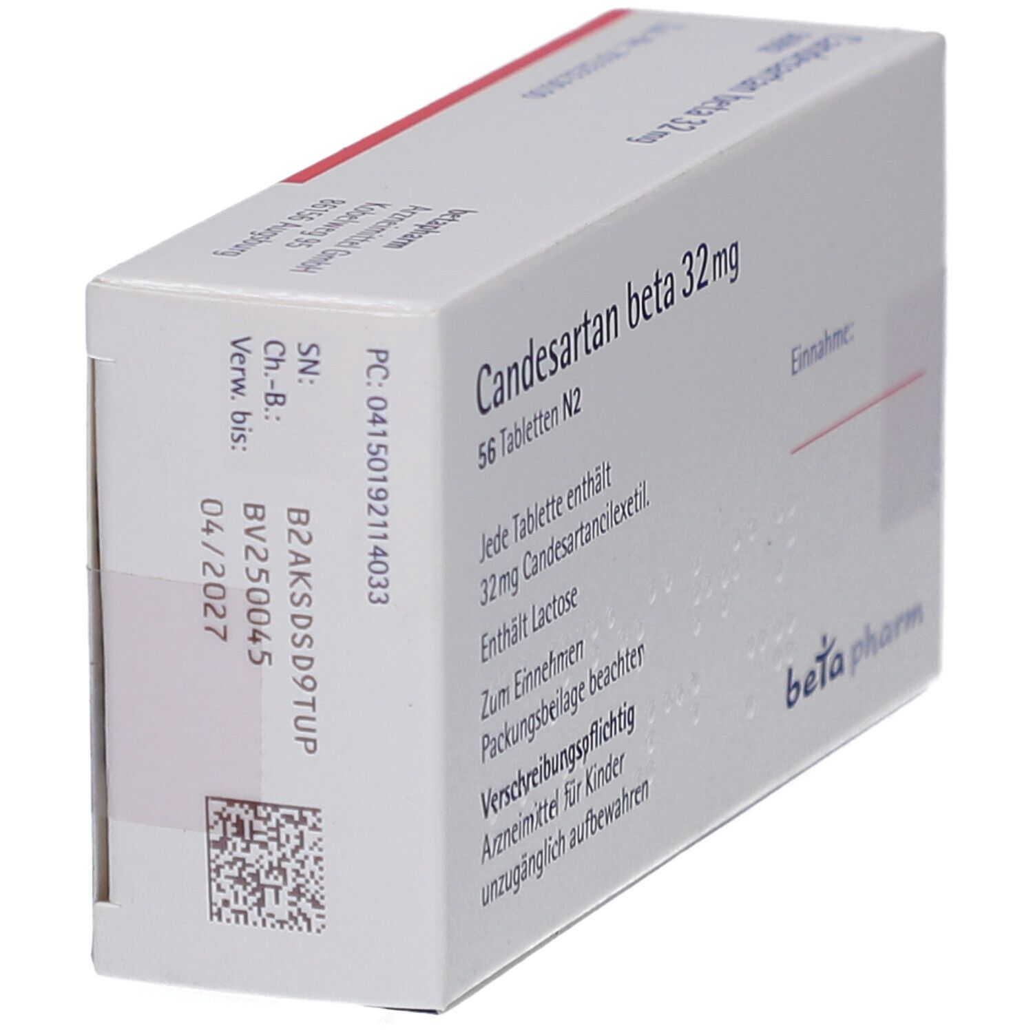 Candesartan beta 32 mg Tabletten-Packung. Schrägansicht. Text auf weißem Karton. Verfallsdatum 04/2027. beta pharm.